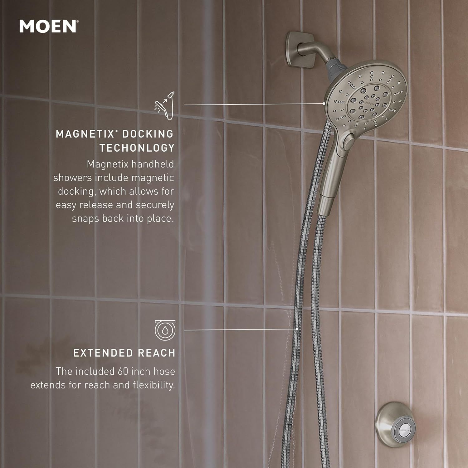 Communicates two distinct product benefits in a segmented layout: the magnetic docking feature for easy release and secure placement, and the 60-inch hose for…