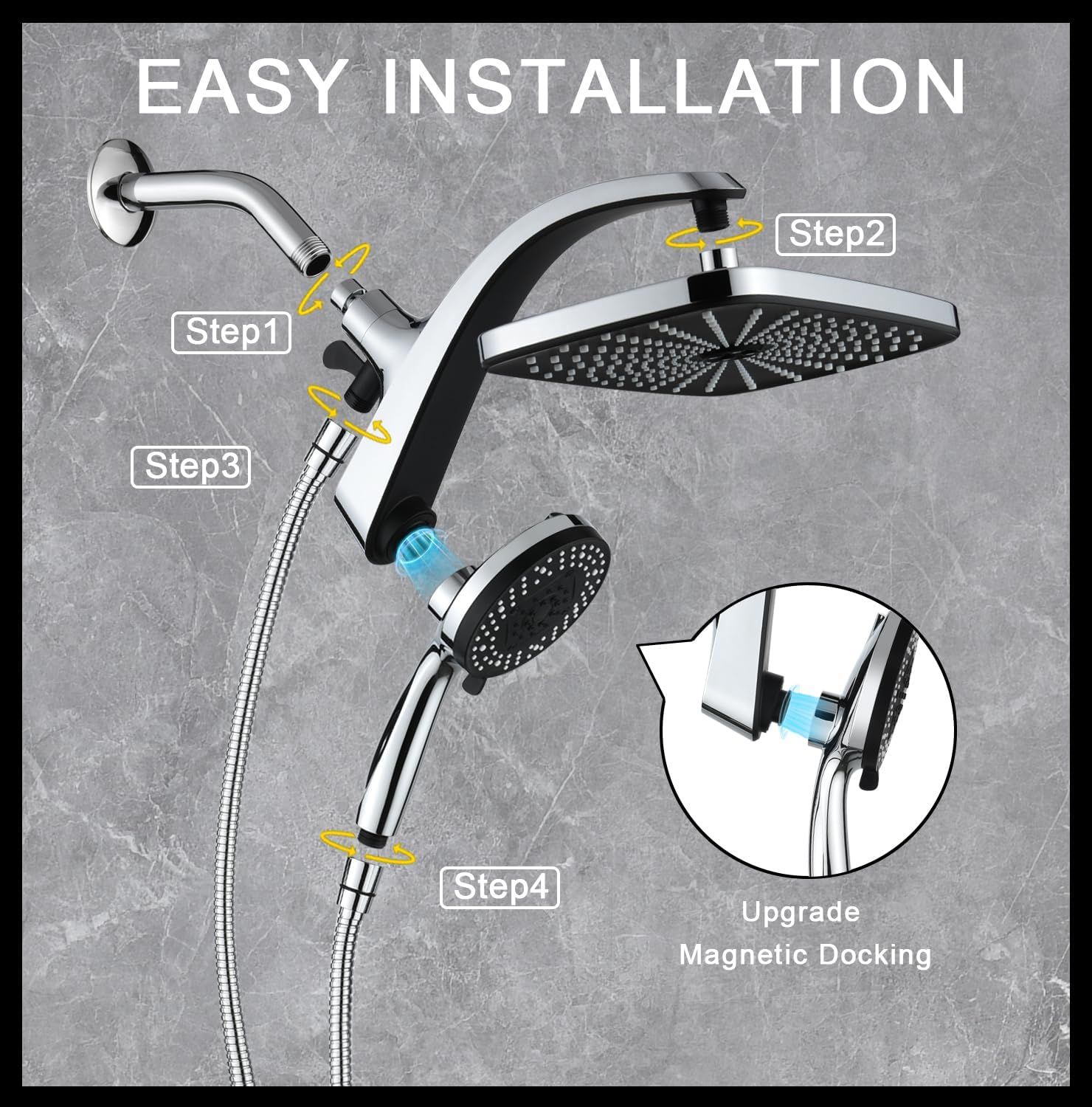 Demonstrates the simple 4-step installation process for the dual showerhead system, reassuring shoppers that setup is quick and straightforward without…