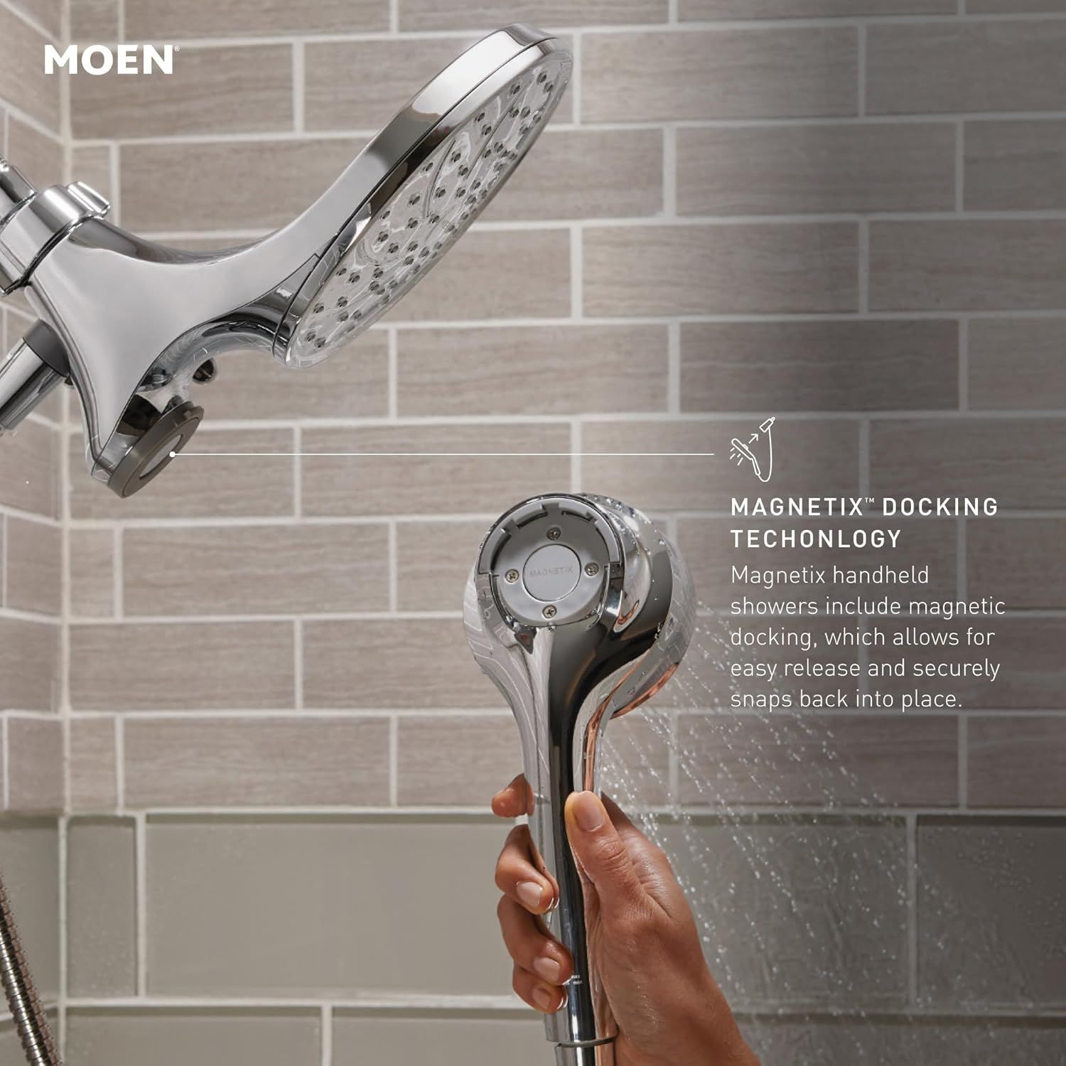 Highlights the magnetic docking feature that allows the handheld showerhead to be easily released and securely snapped back into place, emphasizing…