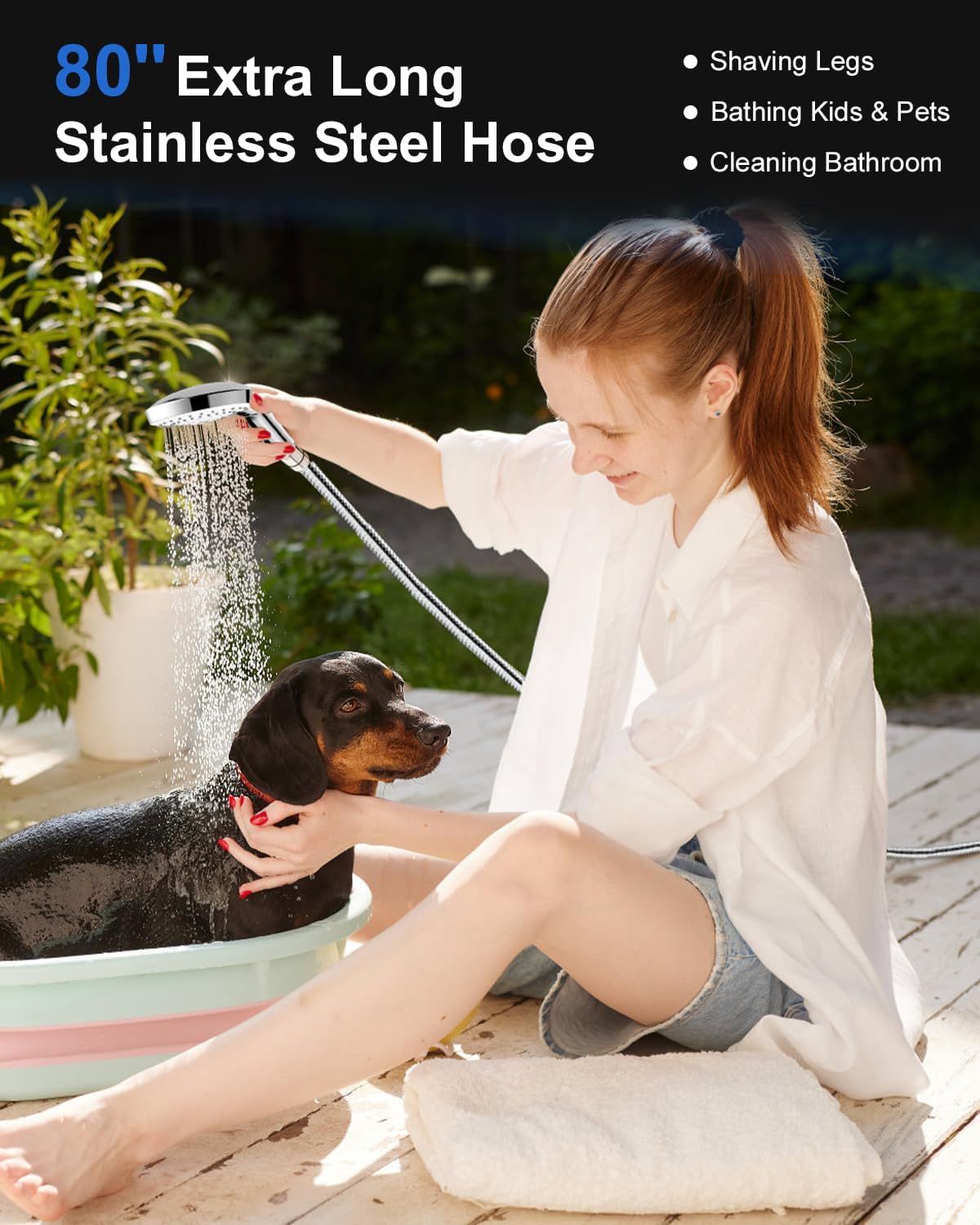 Demonstrates the versatility of the extra-long hose by showing multiple real-world applications, reassuring shoppers that this product serves many purposes…