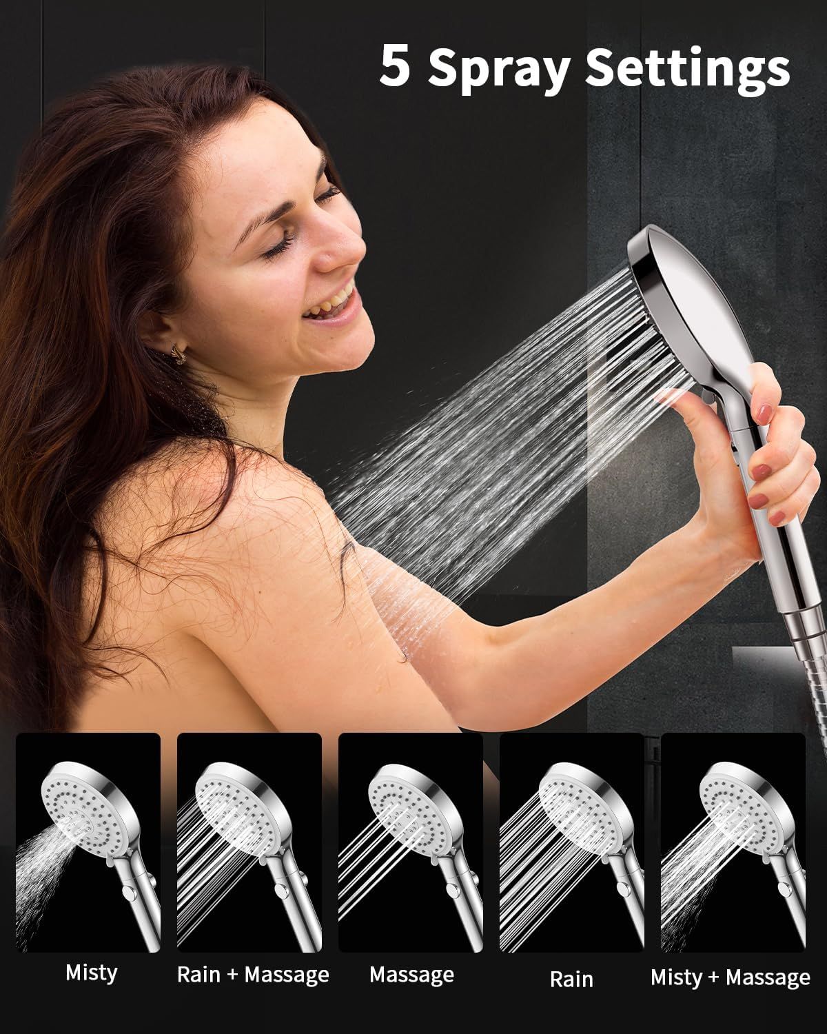 Highlights the product's versatility with five different spray modes (Misty, Rain + Massage, Massage, Rain, Misty + Massage) to communicate customizable…
