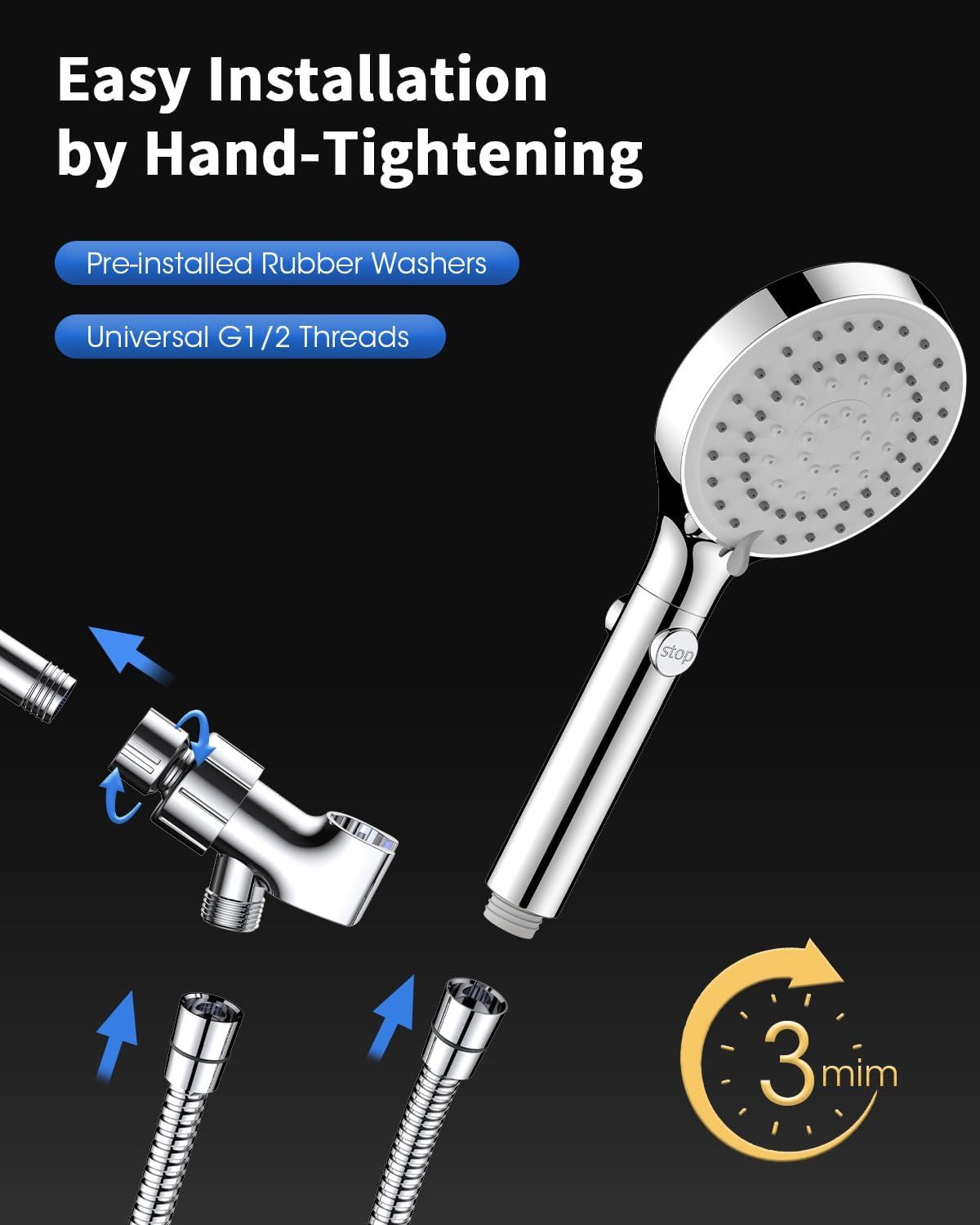 Demonstrates the simple installation process of the showerhead, emphasizing that it can be installed by hand-tightening in just 3 minutes with pre-installed…