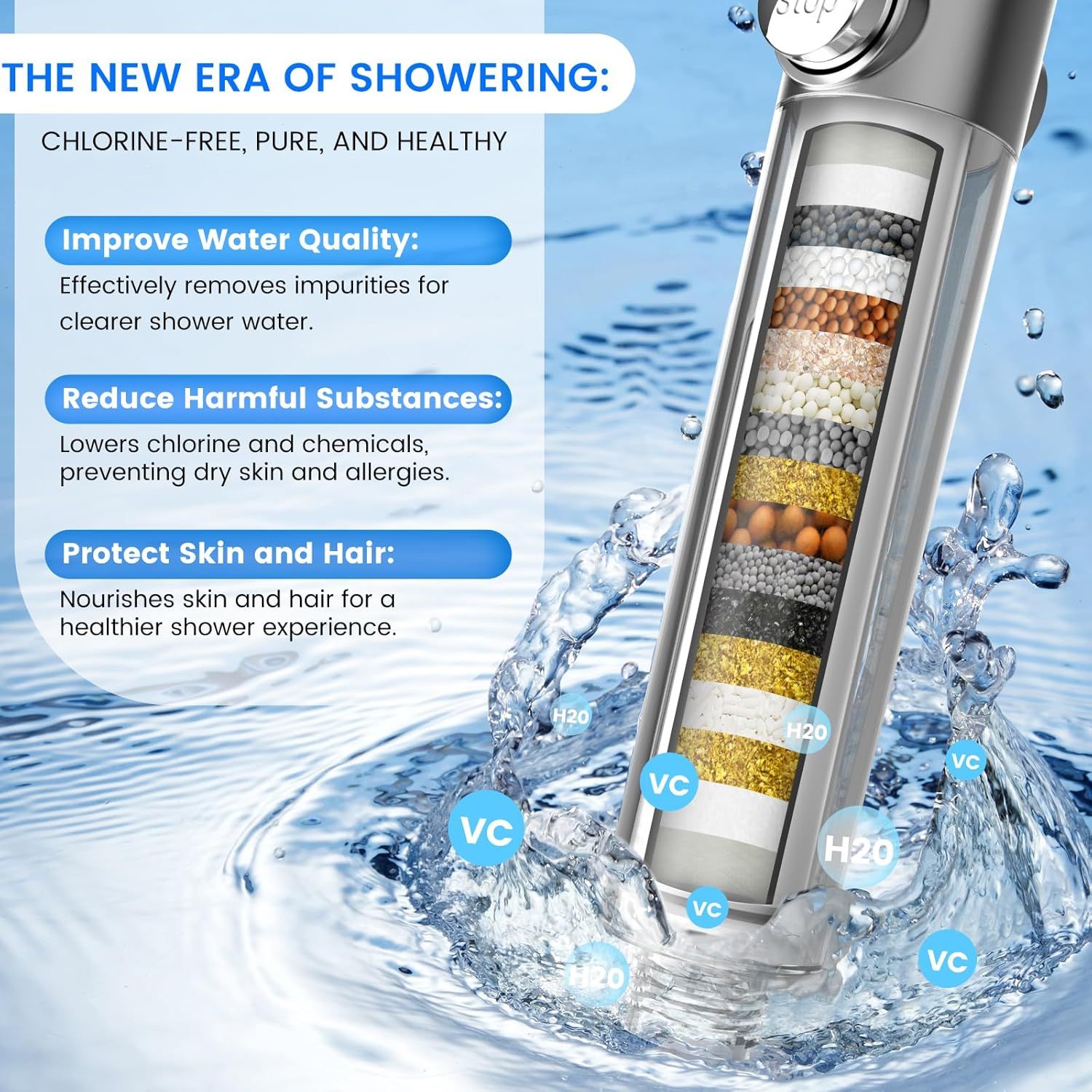Shows the internal filtration layers of the shower filter to demonstrate how it purifies water through multiple stages, building trust in the product's effectiveness. Communicates three distinct…