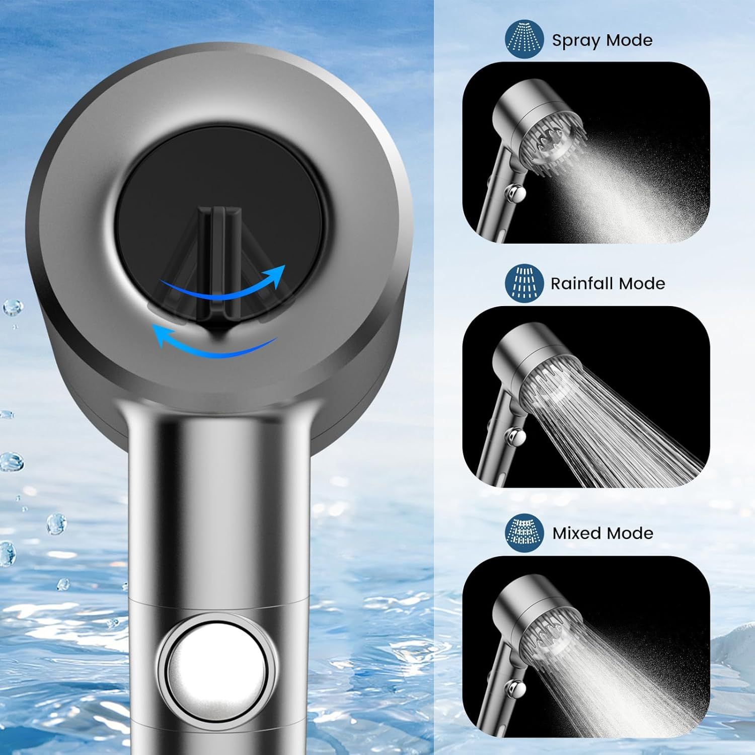 Demonstrates the product's versatility by showing three different water spray modes available, helping shoppers understand the multiple use scenarios and…
