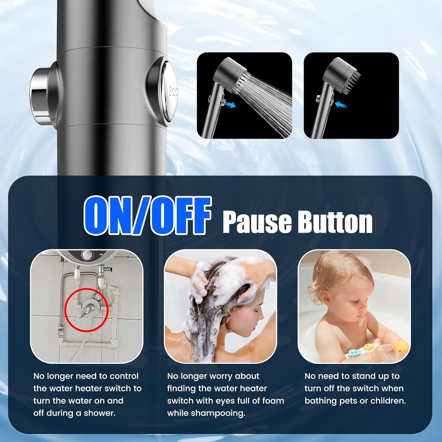 Demonstrates how the ON/OFF pause button feature works and explains multiple convenient use cases where users can pause water flow without adjusting the main…