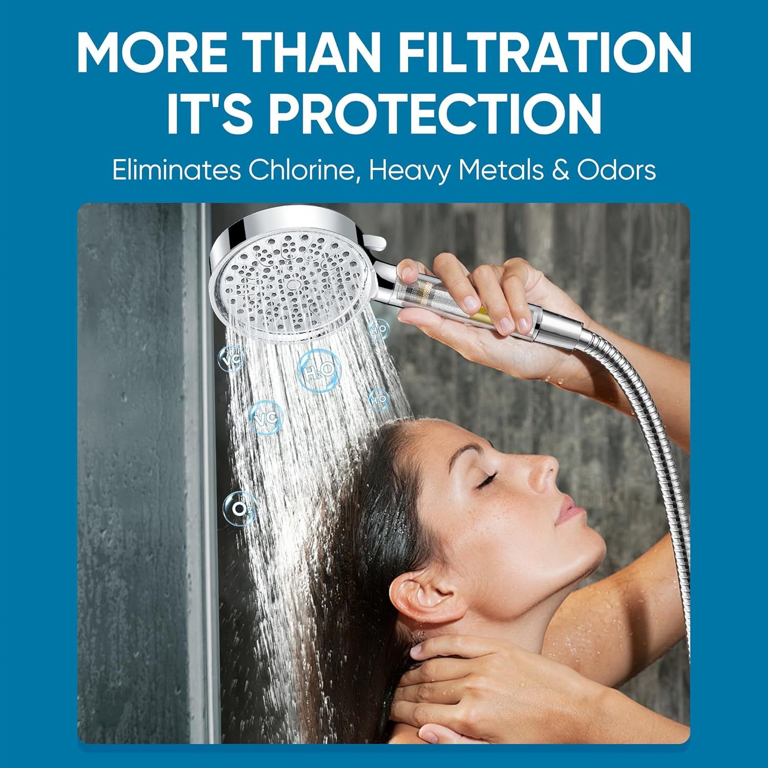 Communicates that the showerhead provides advanced water filtration that eliminates chlorine, heavy metals, and odors, offering protection beyond basic…