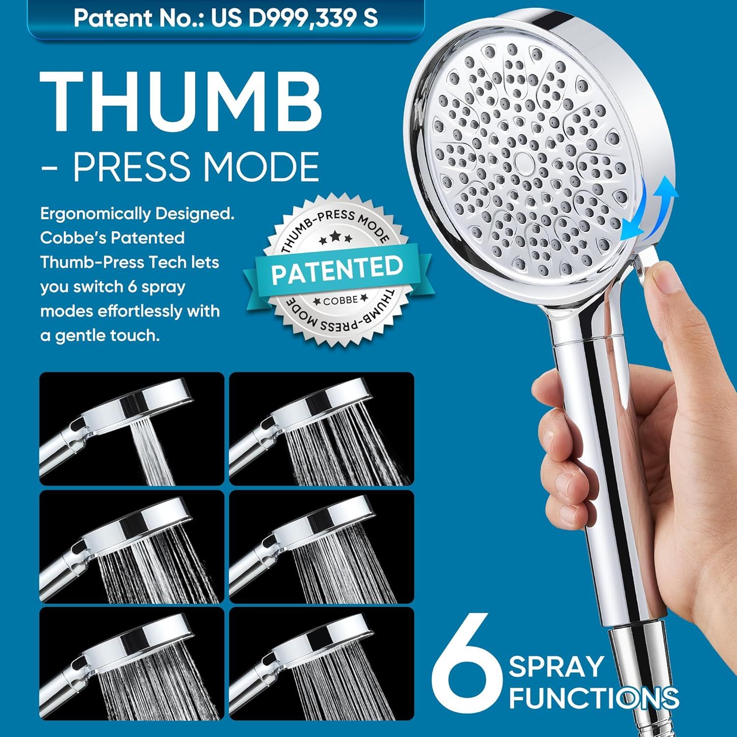 Highlights the patented thumb-press technology that allows users to effortlessly switch between 6 spray modes with a gentle touch, emphasizing ease of use and…