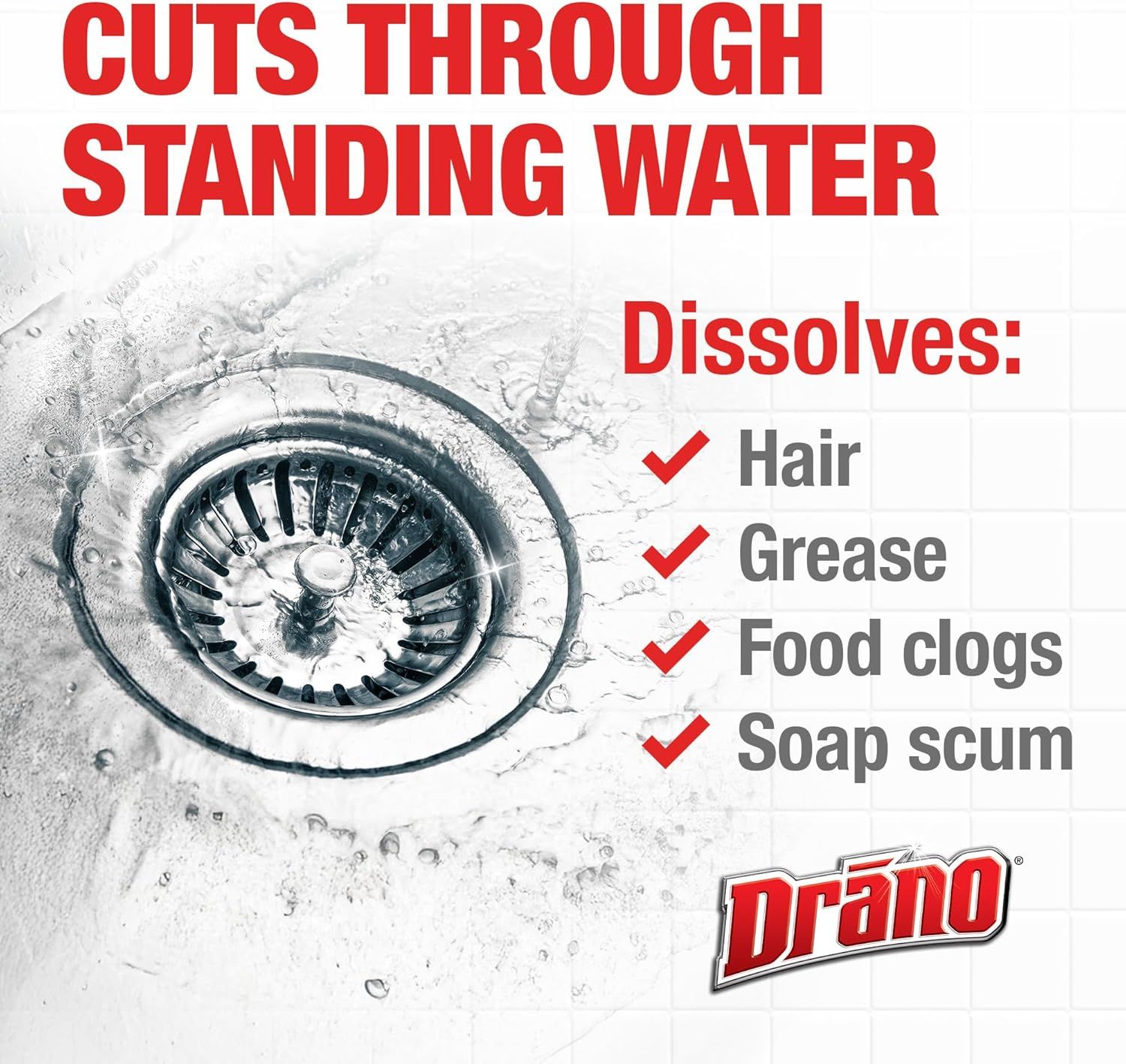 Communicates multiple key benefits of the drain cleaner product: its ability to work in standing water and dissolve various types of common drain clogs.