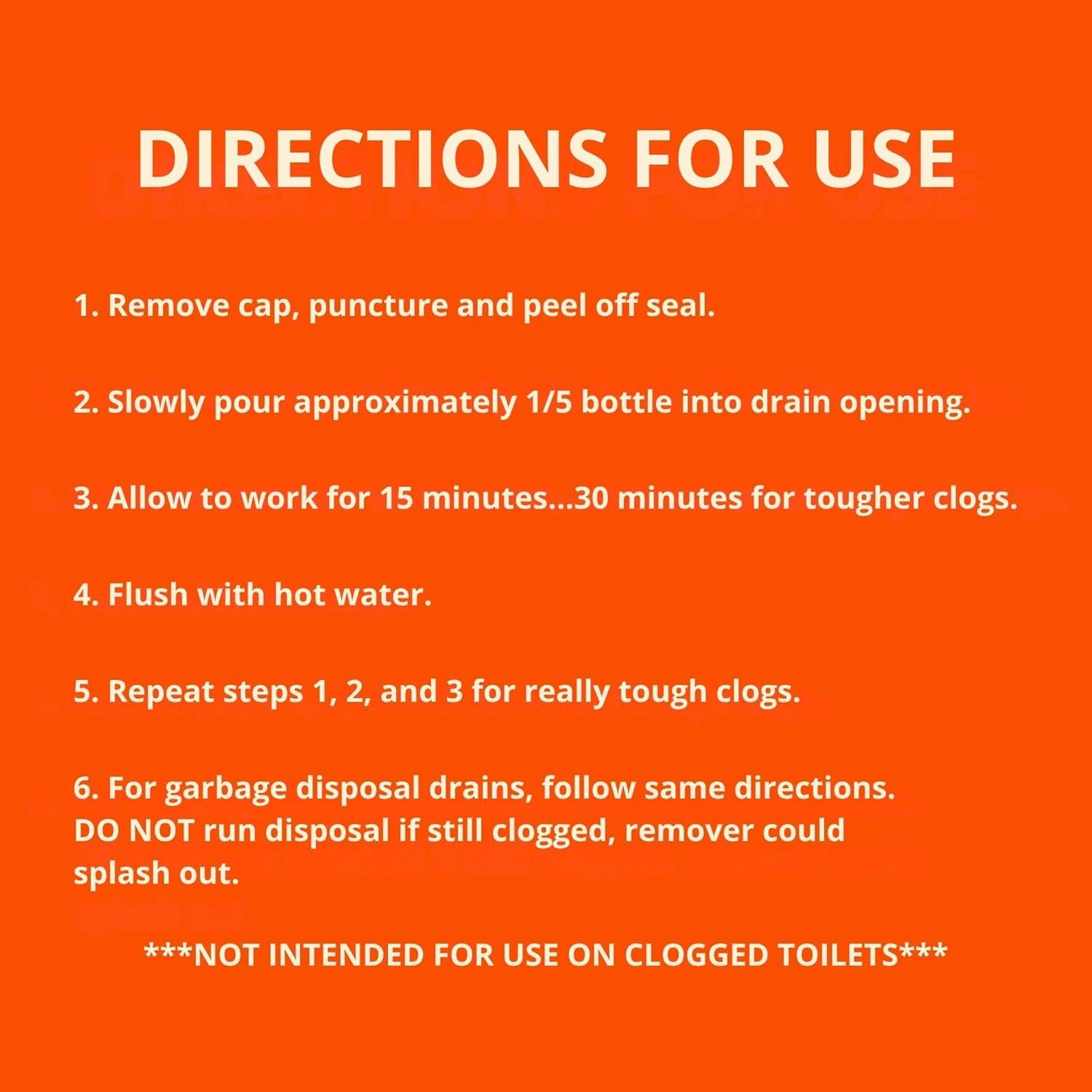 Provides clear numbered instructions on how to use the drain cleaning product effectively, reassuring shoppers that the product is easy to apply and will work if directions are followed.