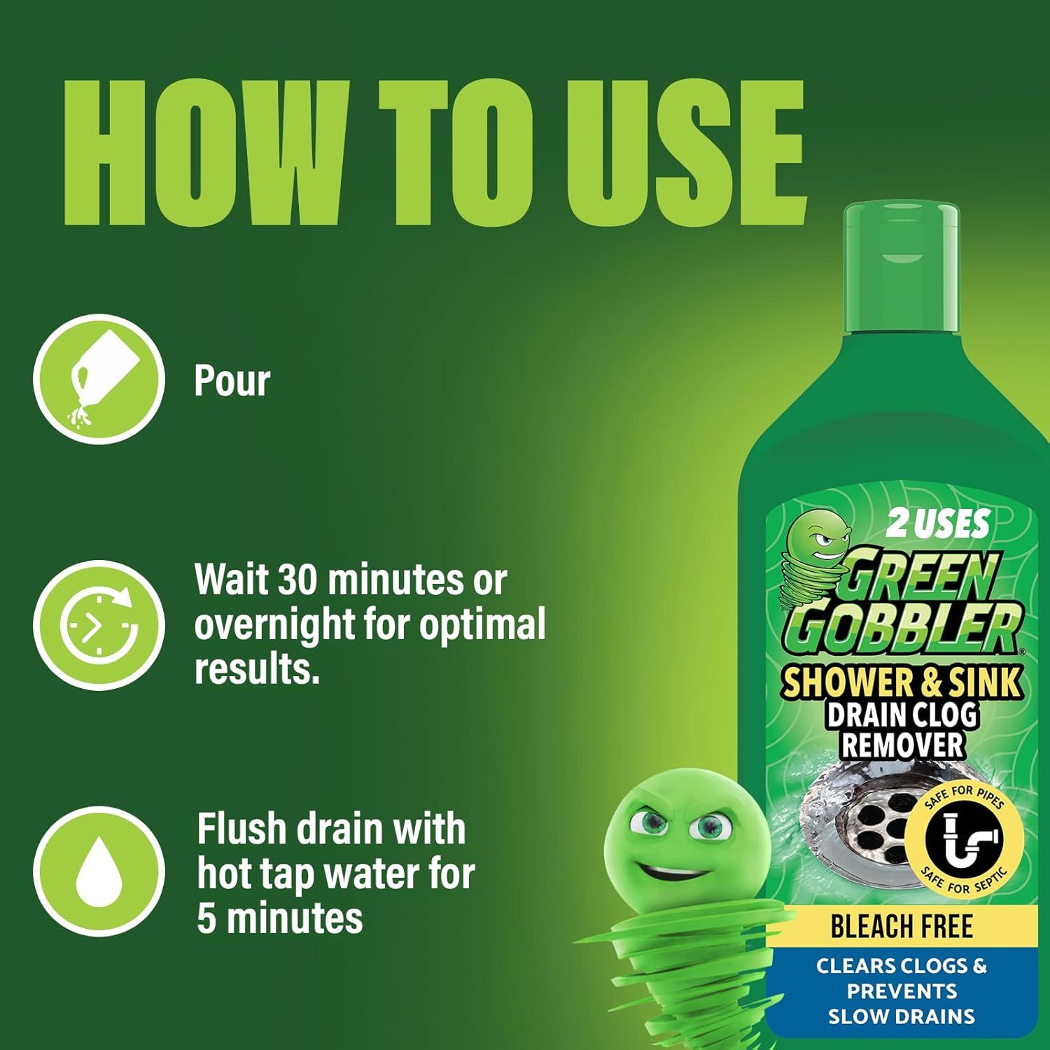 Provides clear step-by-step instructions on how to use the drain clog remover product, showing shoppers the simple process: pour, wait, and flush.
