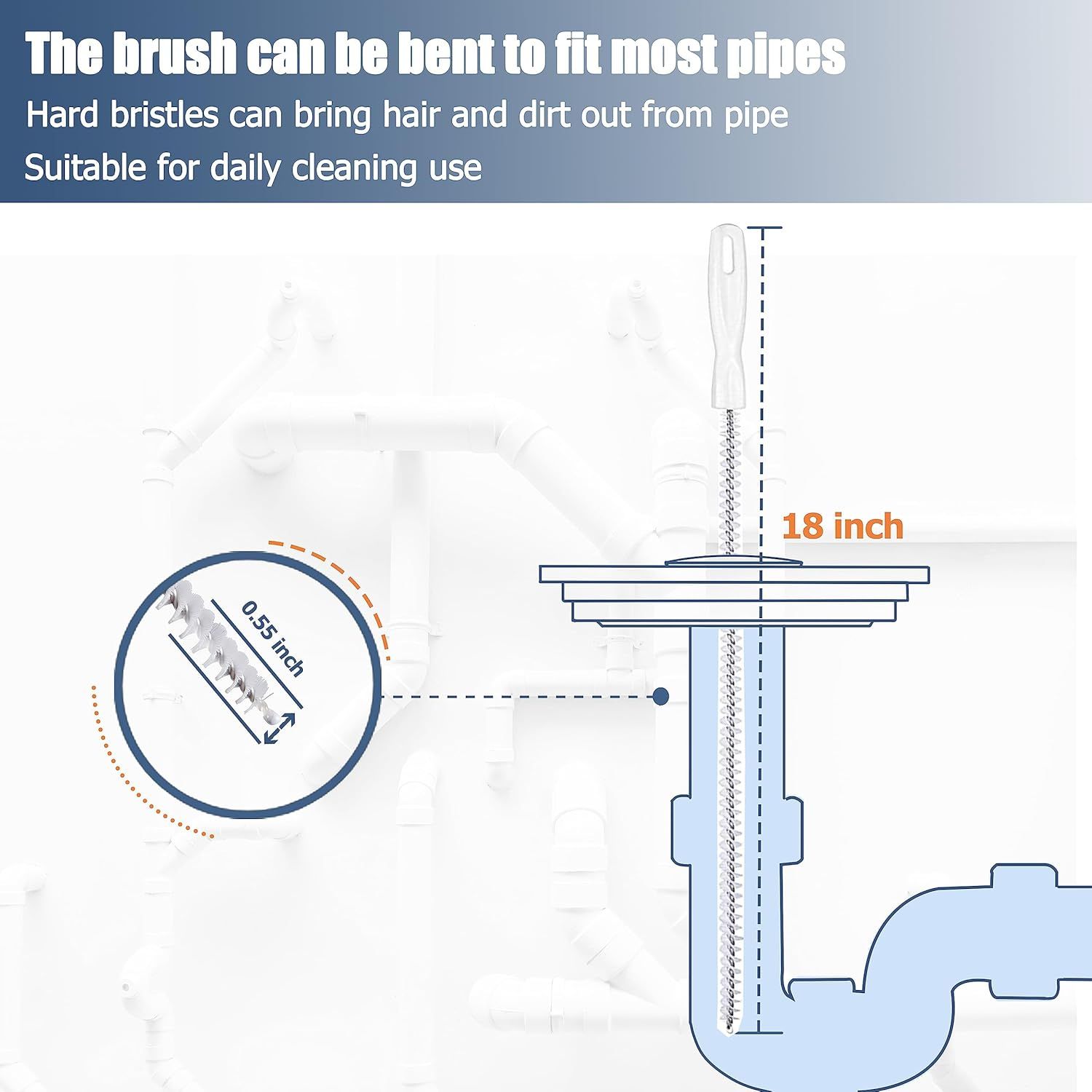 Communicates the physical dimensions of the pipe cleaning brush to help shoppers understand if it will fit their pipes and cleaning needs. Highlights the brush's bendable design and hard bristles…