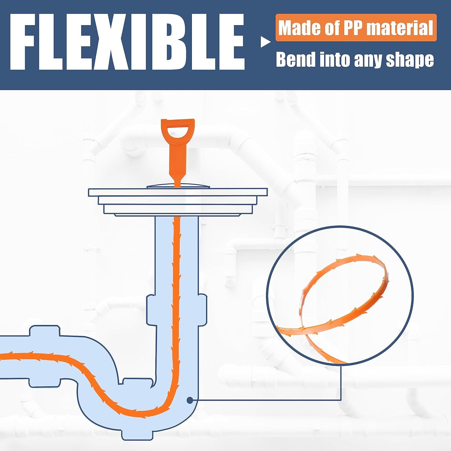 Demonstrates the product's flexible PP material construction and how it can bend into any shape, highlighting the physical material property and structural flexibility of the drain snake component.…
