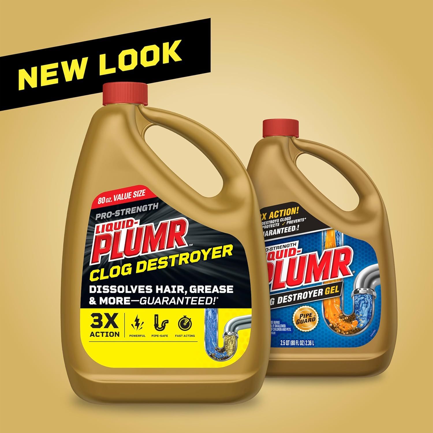 Communicates the brand's packaging refresh and showcases multiple product options from the Liquid-Plumr line to help shoppers understand the available variants.