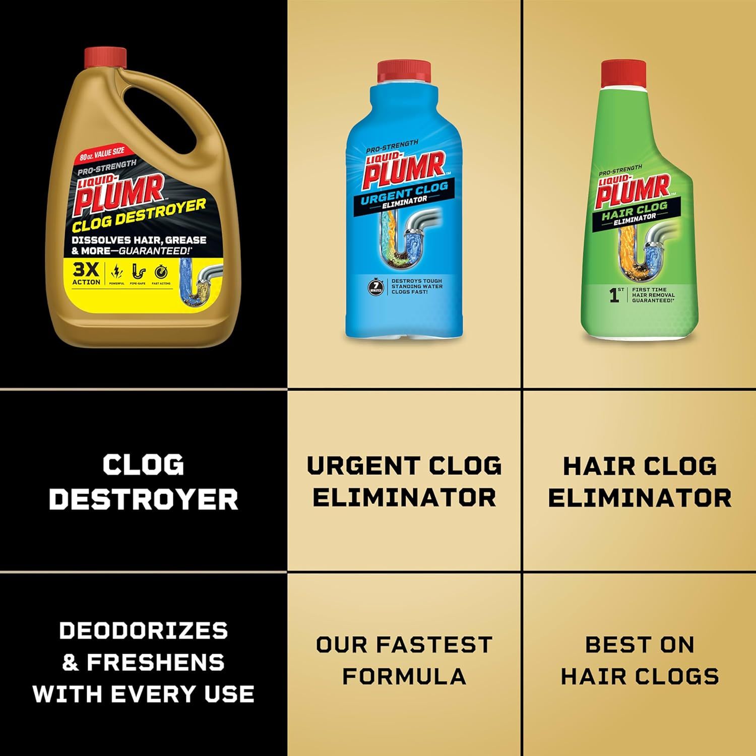Displays the brand's product lineup side-by-side, helping shoppers understand the different Liquid-Plumr formulas available and choose the right one for their specific clog type.