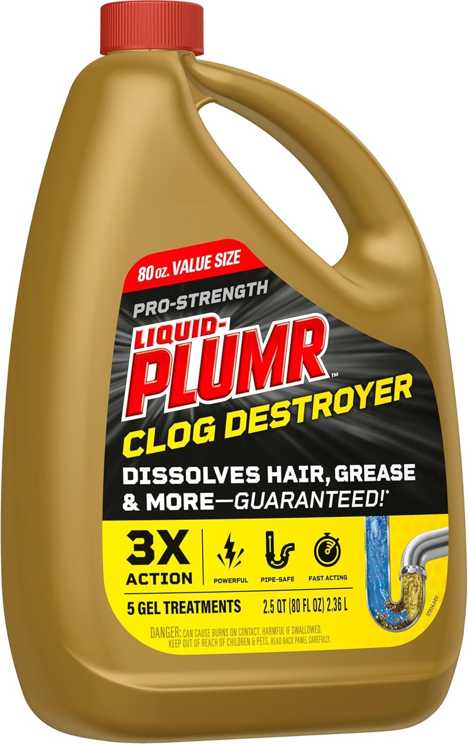 Communicates multiple key benefits of the drain cleaner in a segmented layout, emphasizing its strength, safety, speed, and effectiveness to reassure shoppers of its comprehensive performance.