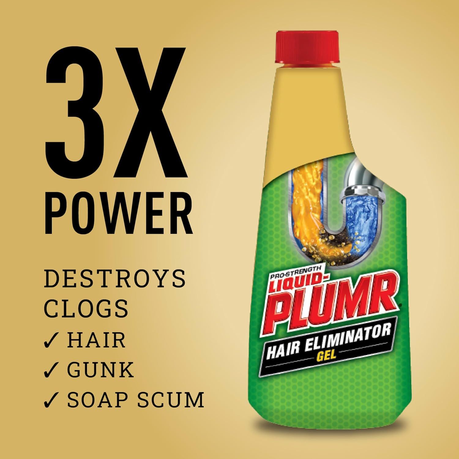 Communicates the product's superior cleaning strength with a bold quantifiable claim (3X power) to reassure shoppers of its effectiveness at destroying clogs. Highlights the primary benefit of…