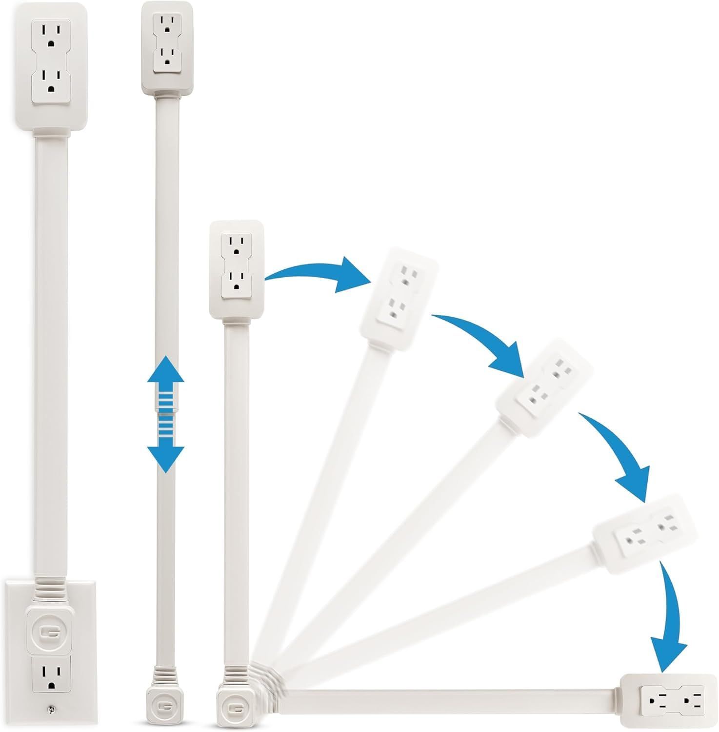 Demonstrates the product's modular, expandable design that allows users to configure and extend the power strip in multiple ways to fit different space and outlet needs.