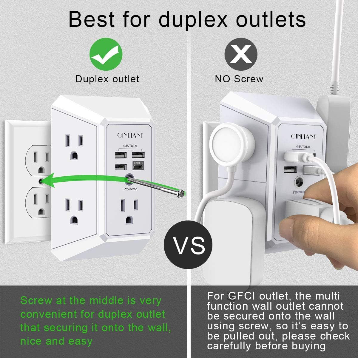 Demonstrates that this multi-function wall outlet is specifically designed for duplex outlets with a center screw, unlike competing products that cannot be secured to GFCI outlets.
