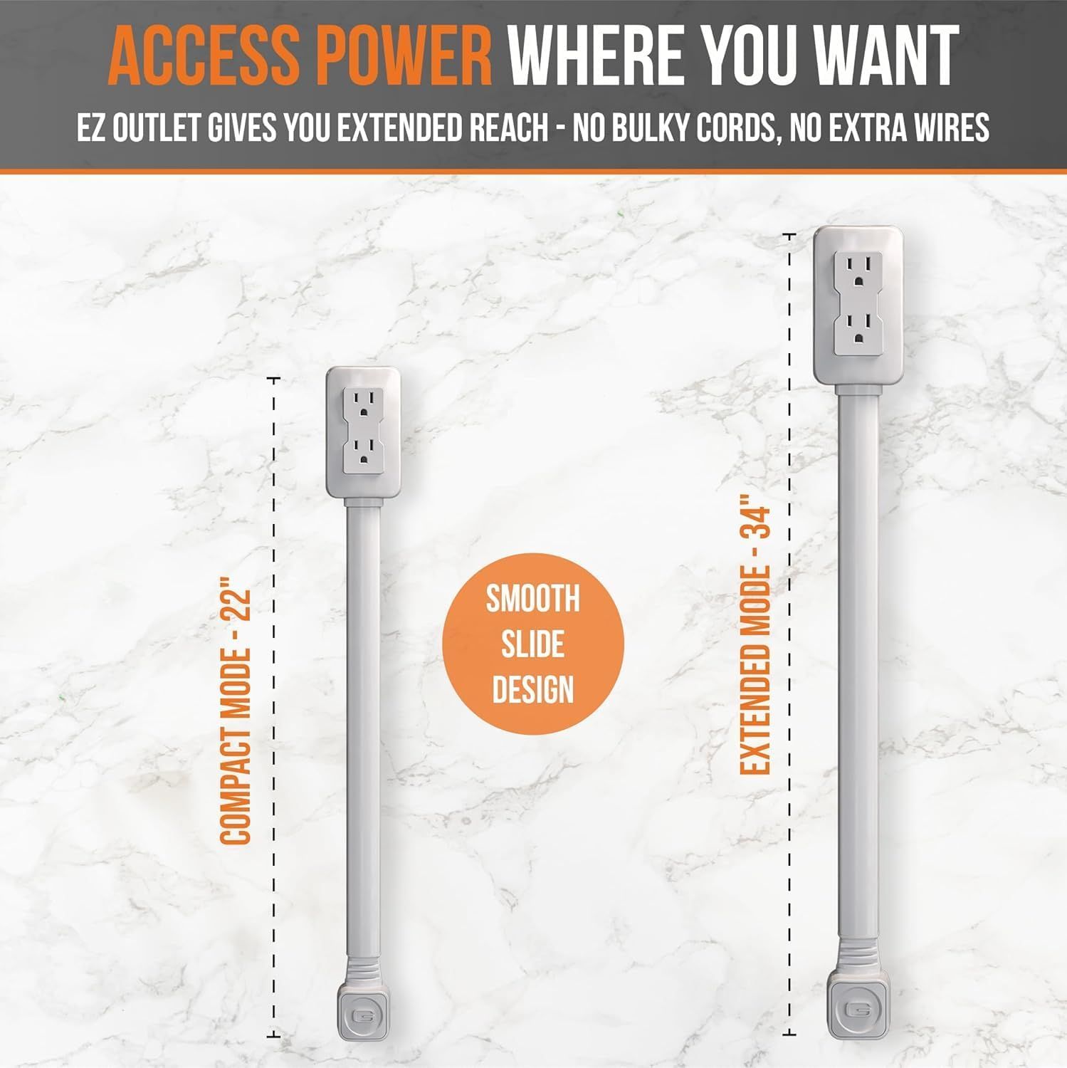 Demonstrates the product's versatility by showing two different extension modes (22-inch compact and 34-inch extended) that provide flexible power access without bulky cords or extra wires.