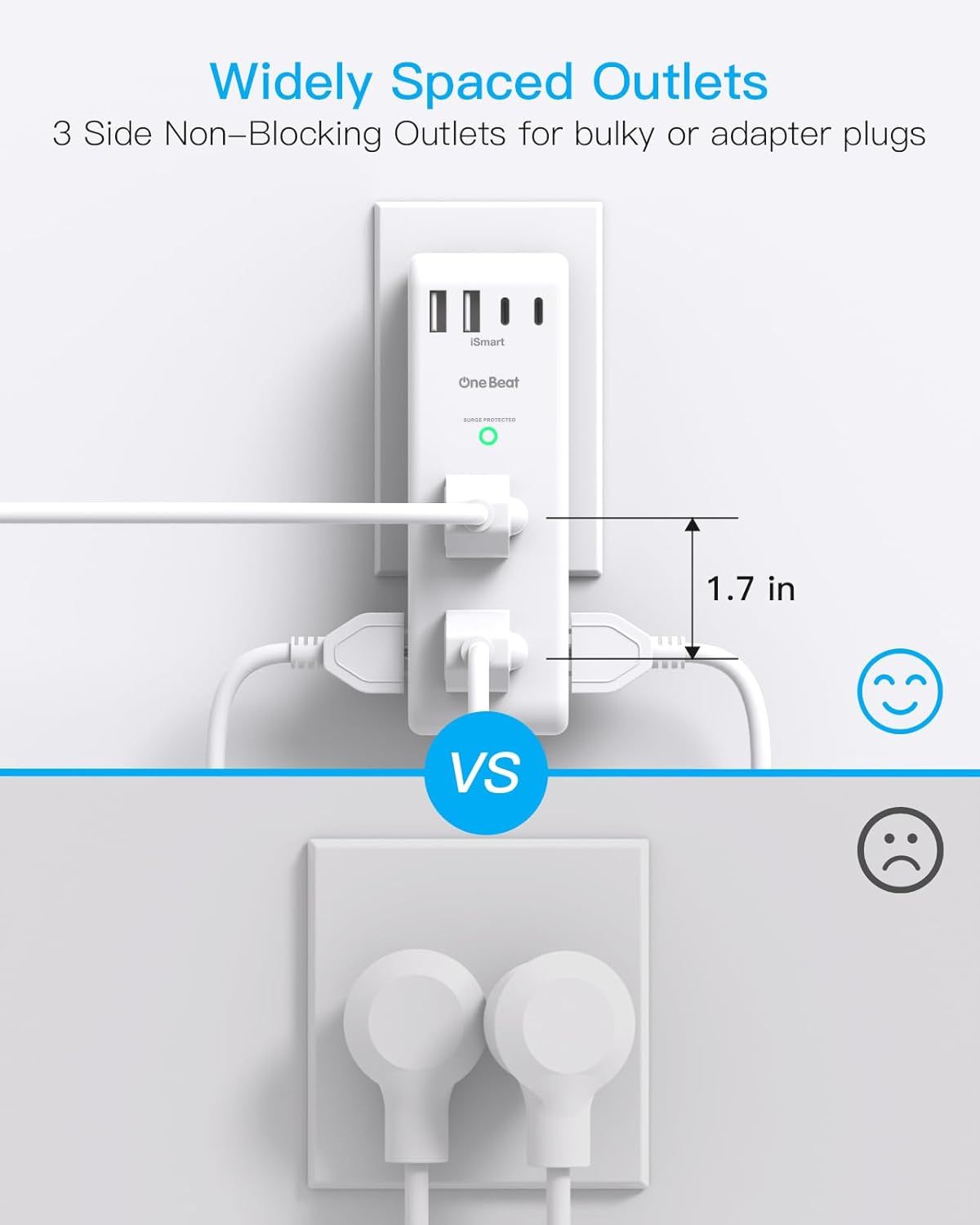 Demonstrates the product's superior outlet spacing (1.7 inches) that accommodates bulky plugs and adapters, contrasting it with a standard outlet that blocks adjacent sockets. Highlights the key…