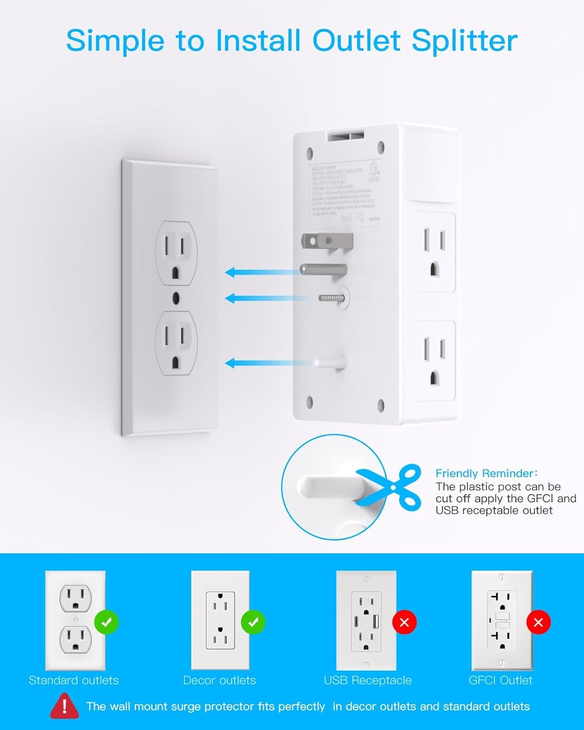 Demonstrates how to install the outlet splitter onto a standard wall outlet, showing the simple installation process with arrows and a compatibility guide to reassure shoppers about ease of setup.…