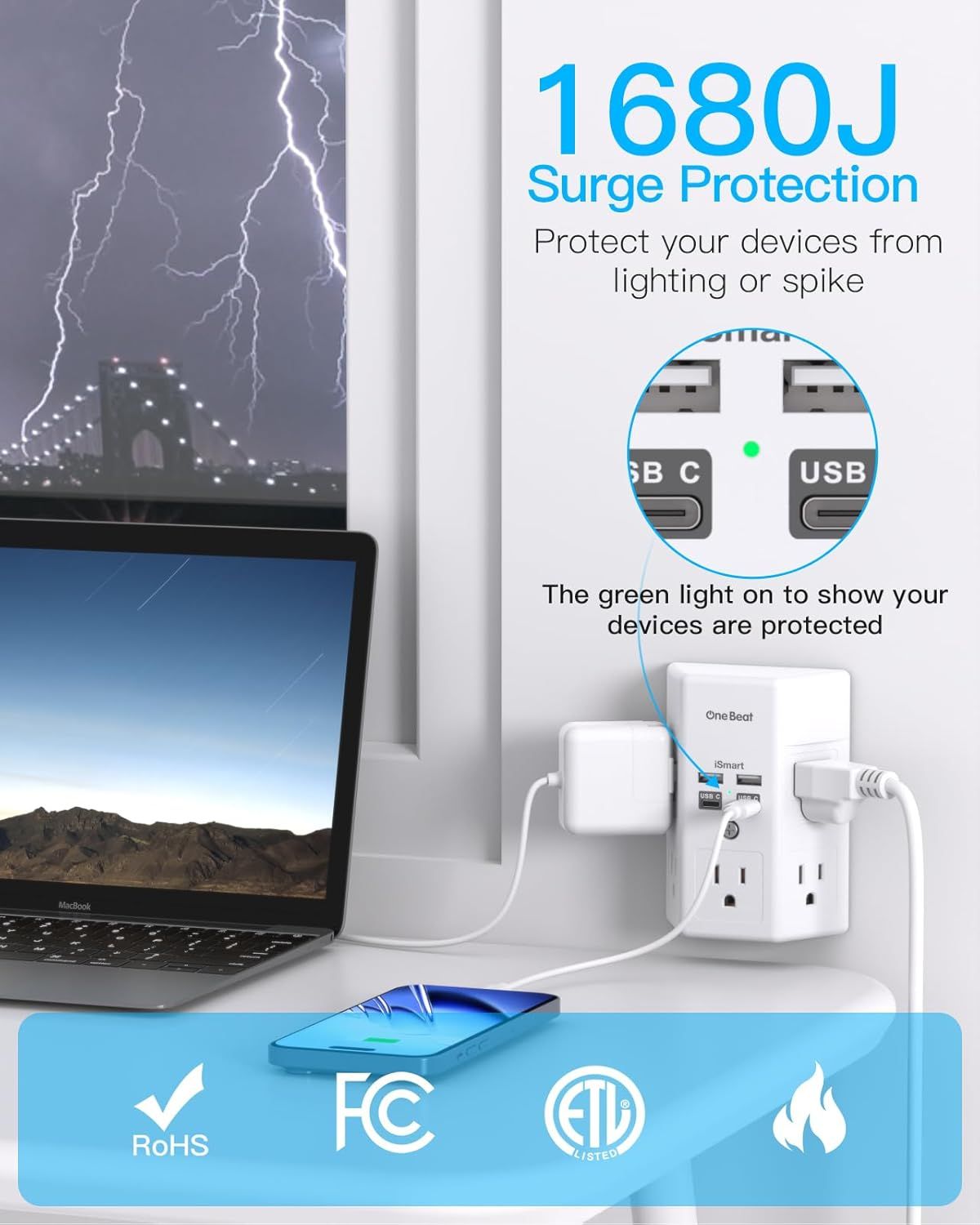 Communicates the quantifiable surge protection capacity (1680 Joules) to reassure shoppers that their devices will be protected from lightning strikes and electrical spikes. Highlights the product's…