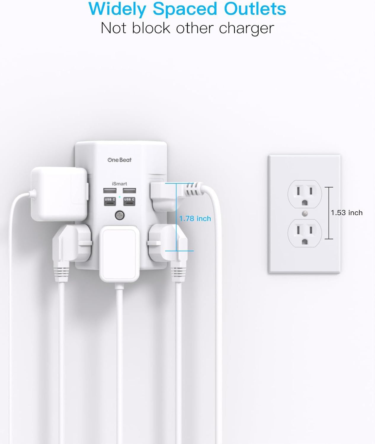 Demonstrates that the charger's compact design with widely spaced outlets prevents blocking adjacent outlets, solving a common frustration with bulky chargers.