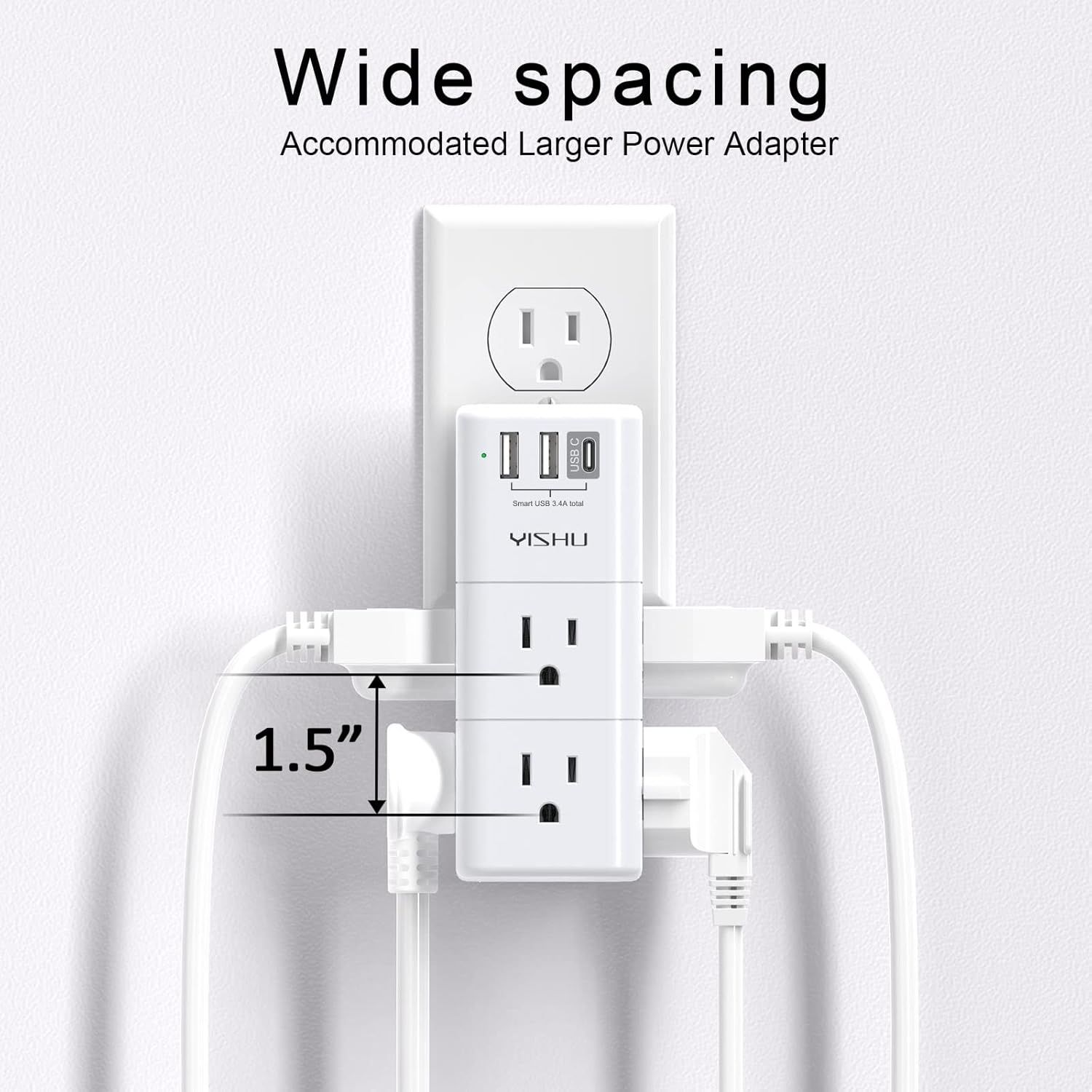 Demonstrates that the power adapter has 1.5-inch spacing between outlets to accommodate larger power adapters without blocking adjacent outlets. Highlights the key benefit that the wide spacing…