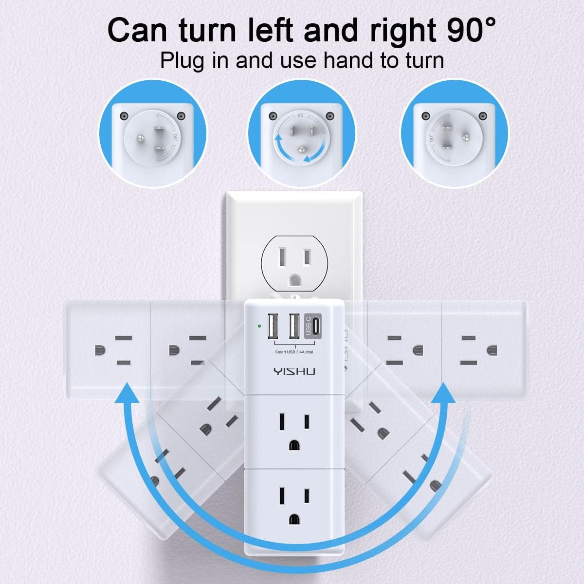 Demonstrates how the product can be manually rotated 90 degrees left or right to fit into tight spaces or adjust outlet orientation, emphasizing ease of use and flexibility. Highlights the product's…