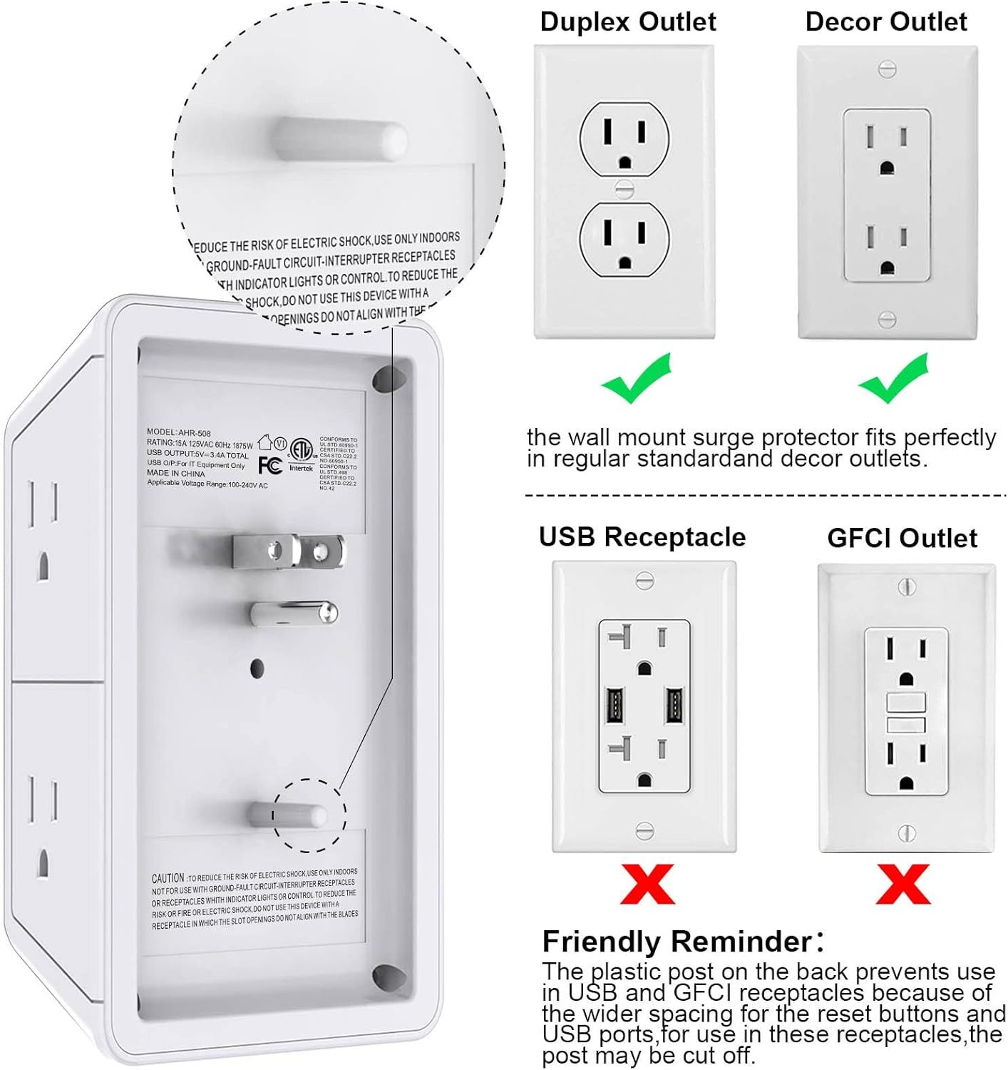 Demonstrates which outlet types the surge protector is compatible with (duplex and decor) and which it is not (USB receptacle and GFCI), helping shoppers understand where the product can be installed.