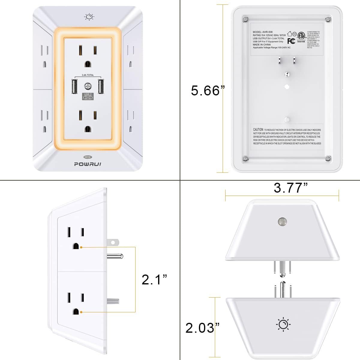 Communicates the exact physical dimensions of the wall outlet adapter from multiple angles (height, width, depth) to help shoppers understand how much space it will occupy and ensure it fits their…