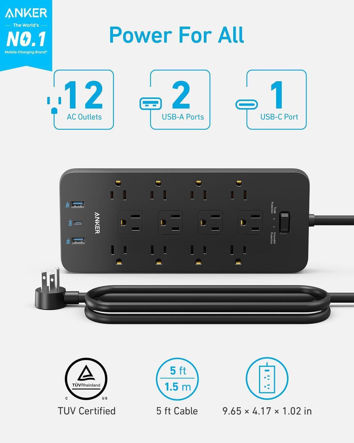 Communicates the product's multiple charging capabilities, safety certification, cable length, and physical dimensions to show versatility and comprehensive power solution for all devices.