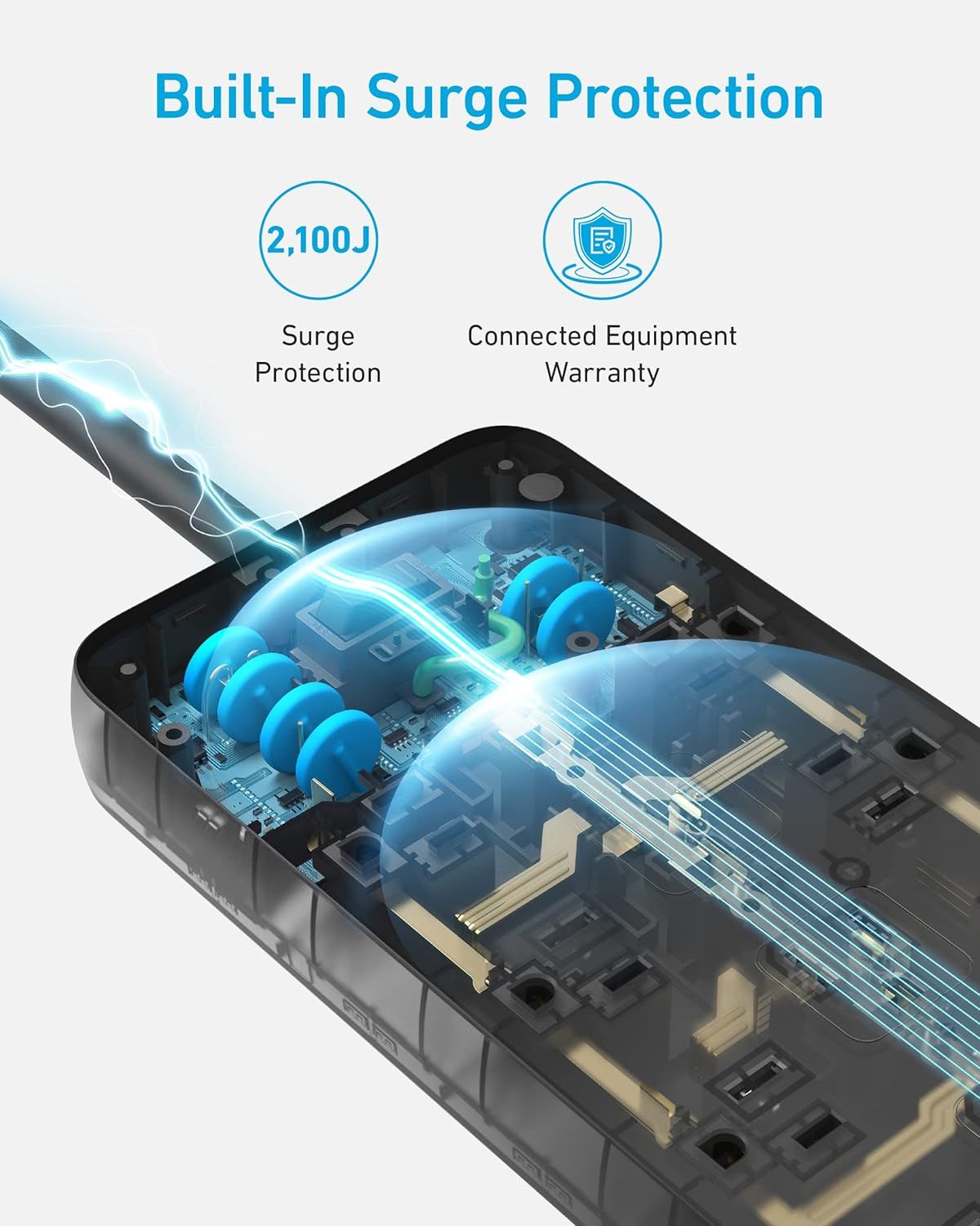 This image reveals the internal components and structure of the surge protector, showing how the built-in surge protection technology works with a transparent cutaway view to build trust in the…