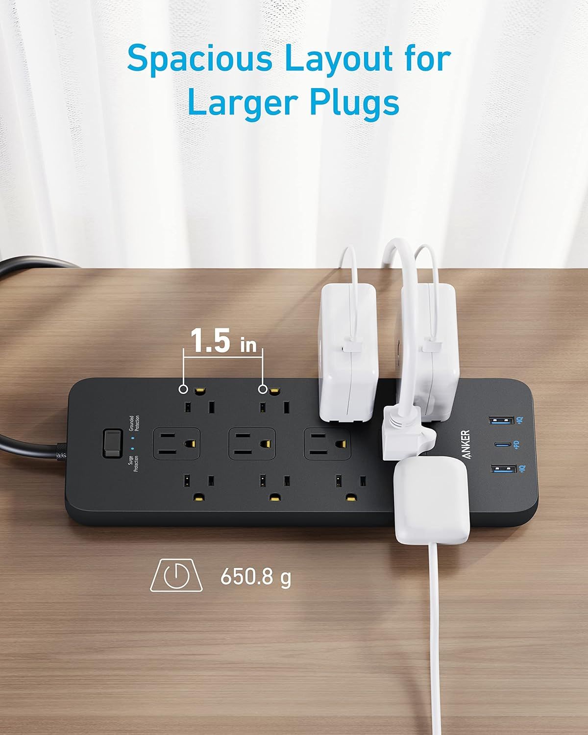 Communicates the spacious outlet layout (1.5 inch spacing) that accommodates larger plugs without blocking adjacent outlets, and highlights the lightweight design at 650.8g. Demonstrates the key…