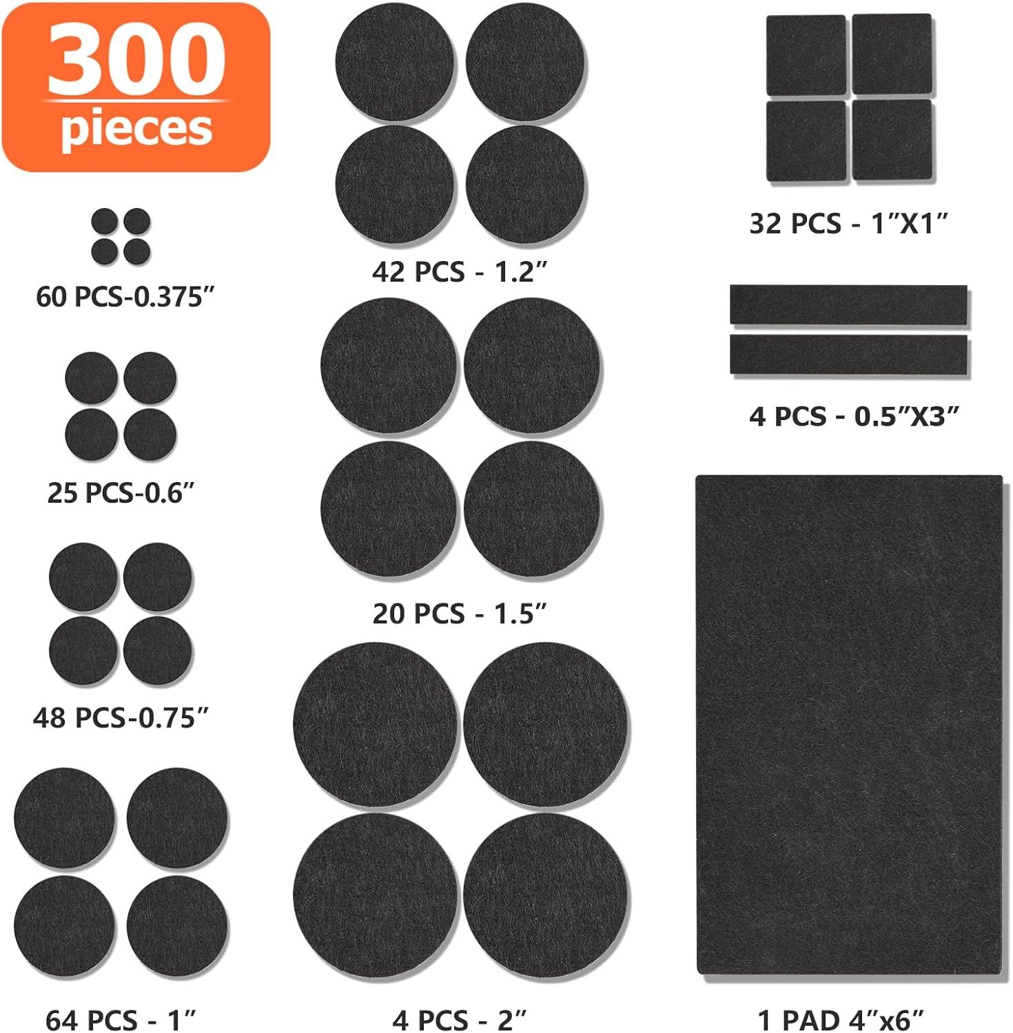 Shows the complete contents of the furniture pad kit, displaying all 300 pieces in various sizes and shapes to help shoppers understand the variety and quantity they will receive.