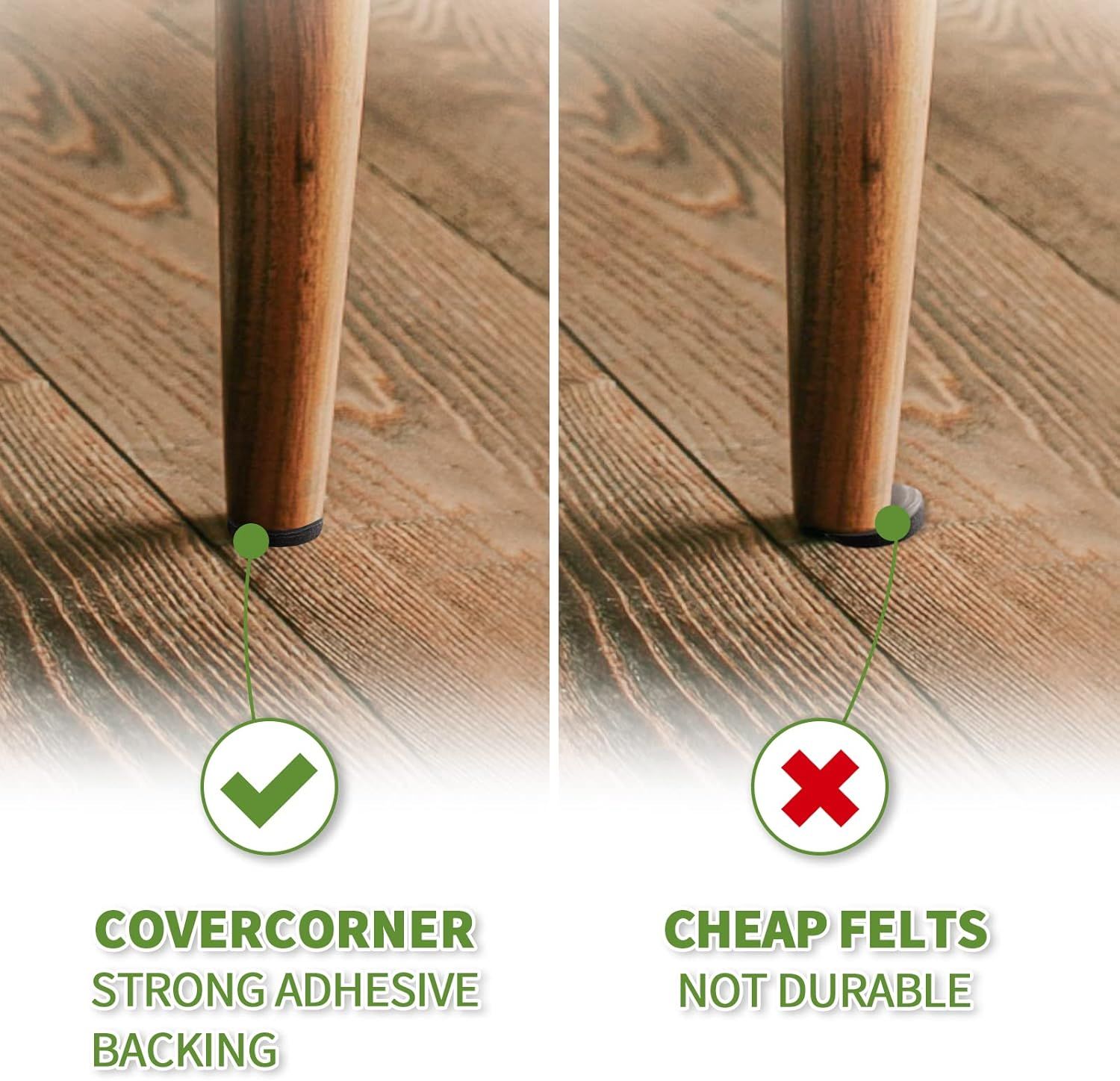 Demonstrates the superiority of the CoverCorner brand's strong adhesive backing compared to cheap, non-durable felt alternatives, reassuring shoppers of product quality and longevity.