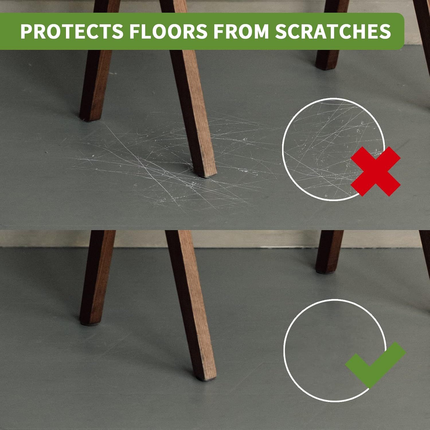 Demonstrates the product's effectiveness at protecting floors from scratches by showing a clear before-and-after comparison of floor condition with and without the product.