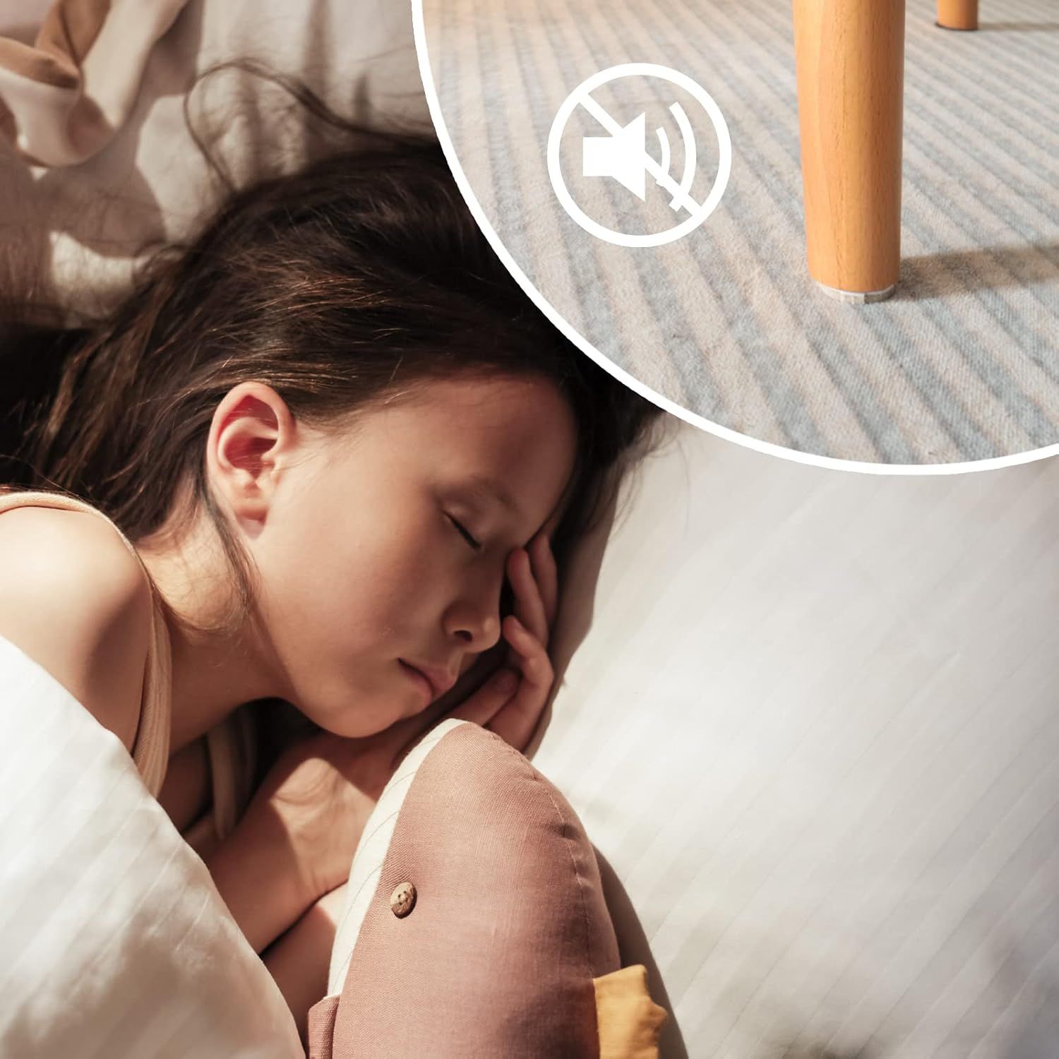 Communicates that the product operates quietly, allowing for peaceful sleep and rest without disturbance.