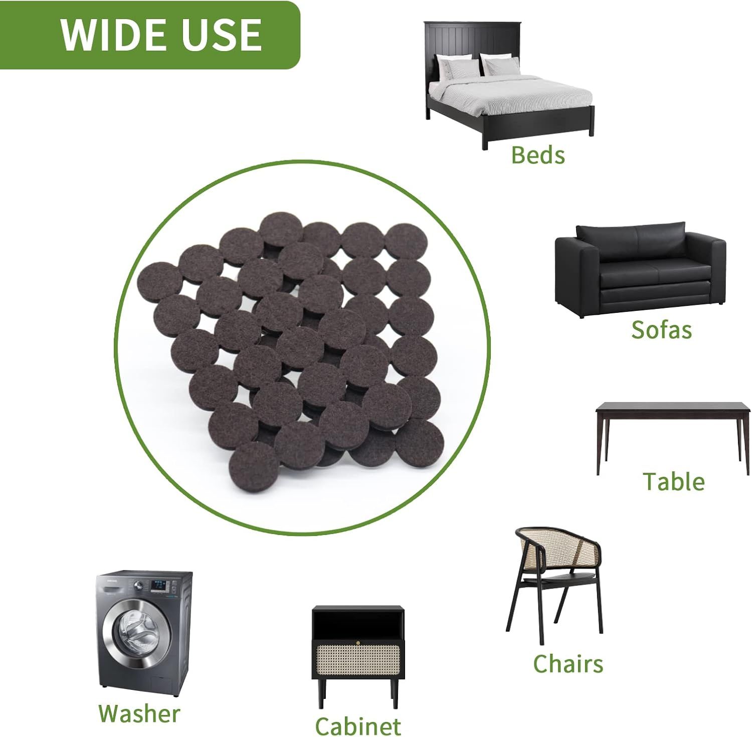 Demonstrates the product's versatility by showing it can be used across multiple furniture types (beds, sofas, tables, chairs, washers, cabinets) to reassure shoppers of its wide applicability.