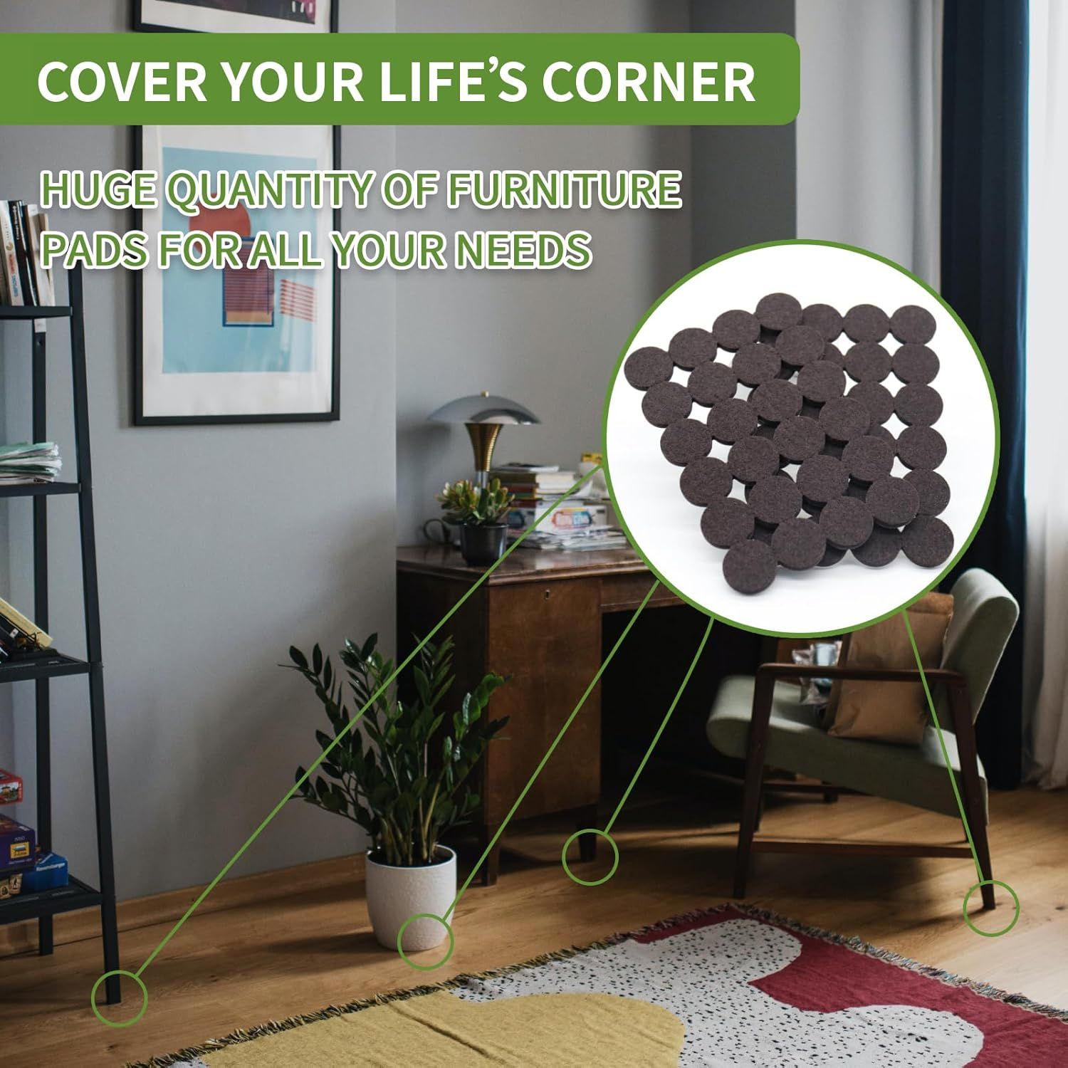 Demonstrates the versatility of furniture pads by showing multiple application points throughout a living room, reassuring shoppers that the product can protect various furniture pieces in their…