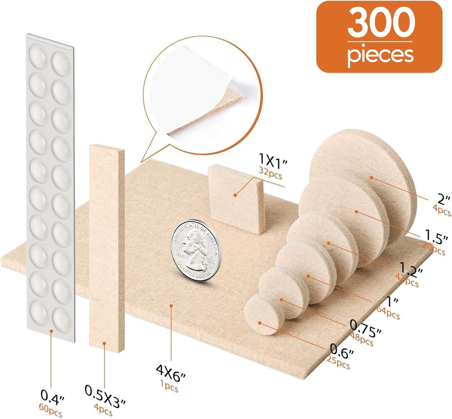 Shows the complete contents of the kit, including all sizes and quantities of felt pads, to help shoppers understand exactly what they will receive and the variety of options included.