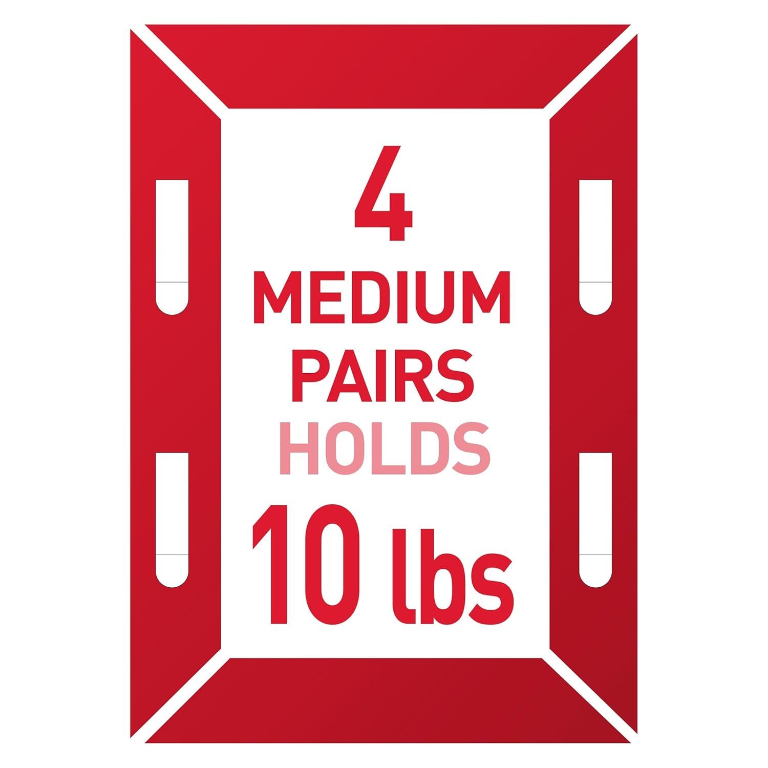 Communicates the product's capacity by showing that 4 medium pairs can hold 10 lbs, reassuring shoppers about the product's strength and storage capability.