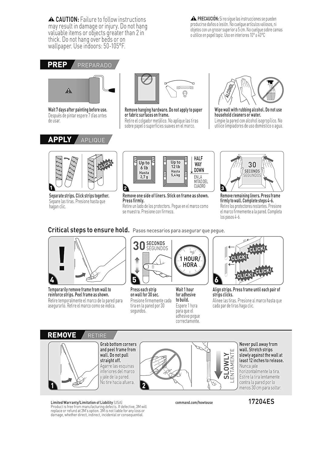 Provides detailed step-by-step instructions for preparing, applying, and removing the product (likely picture hanging strips or frame mounting system) to ensure proper installation and safe removal.