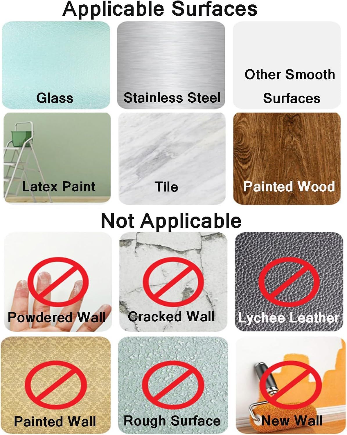 Demonstrates the multiple surface types where the product can and cannot be used, helping shoppers understand whether the product is suitable for their…