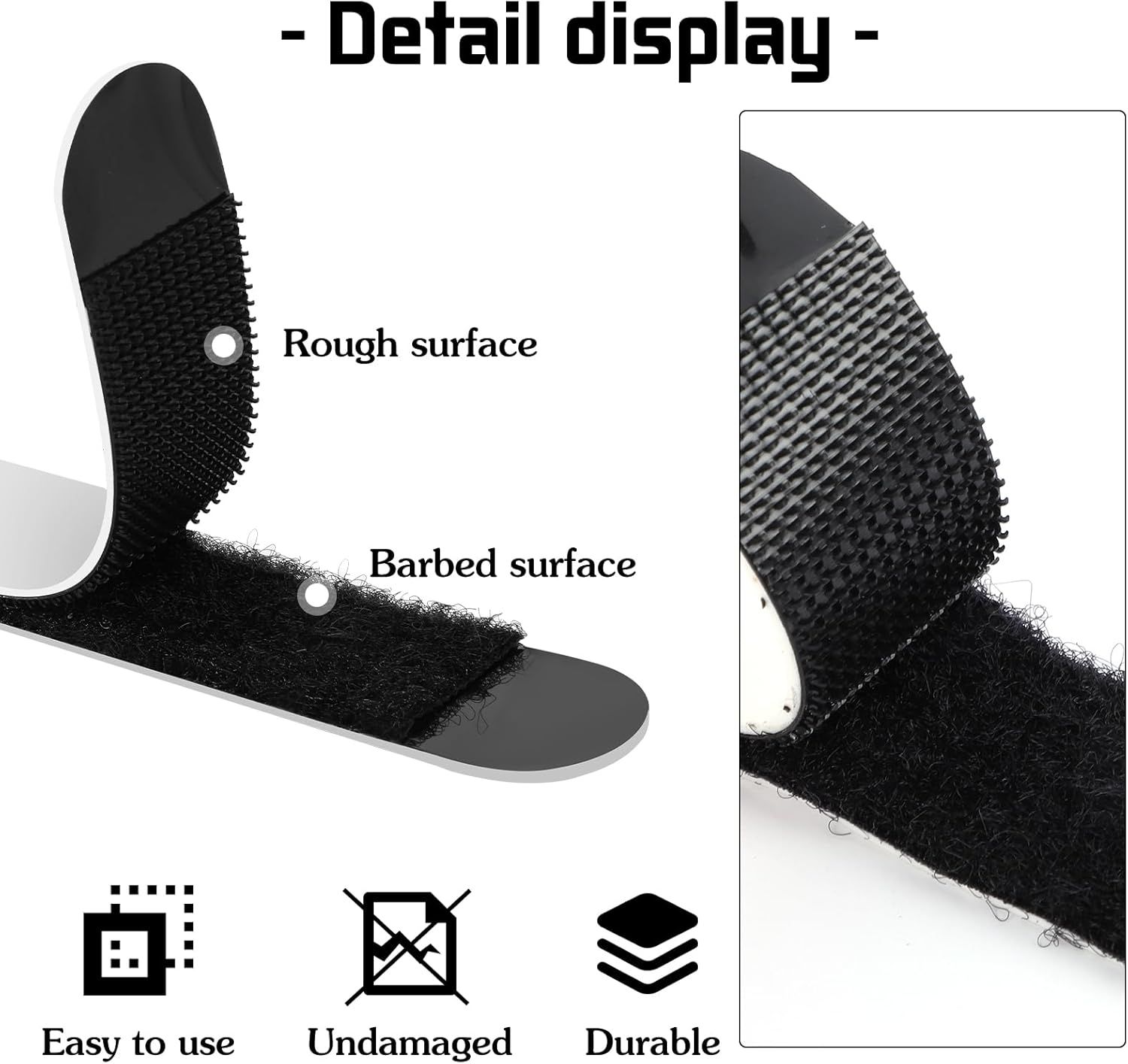 Highlights the physical construction of the product by labeling two distinct surface textures (rough and barbed) to show how the product is designed for…