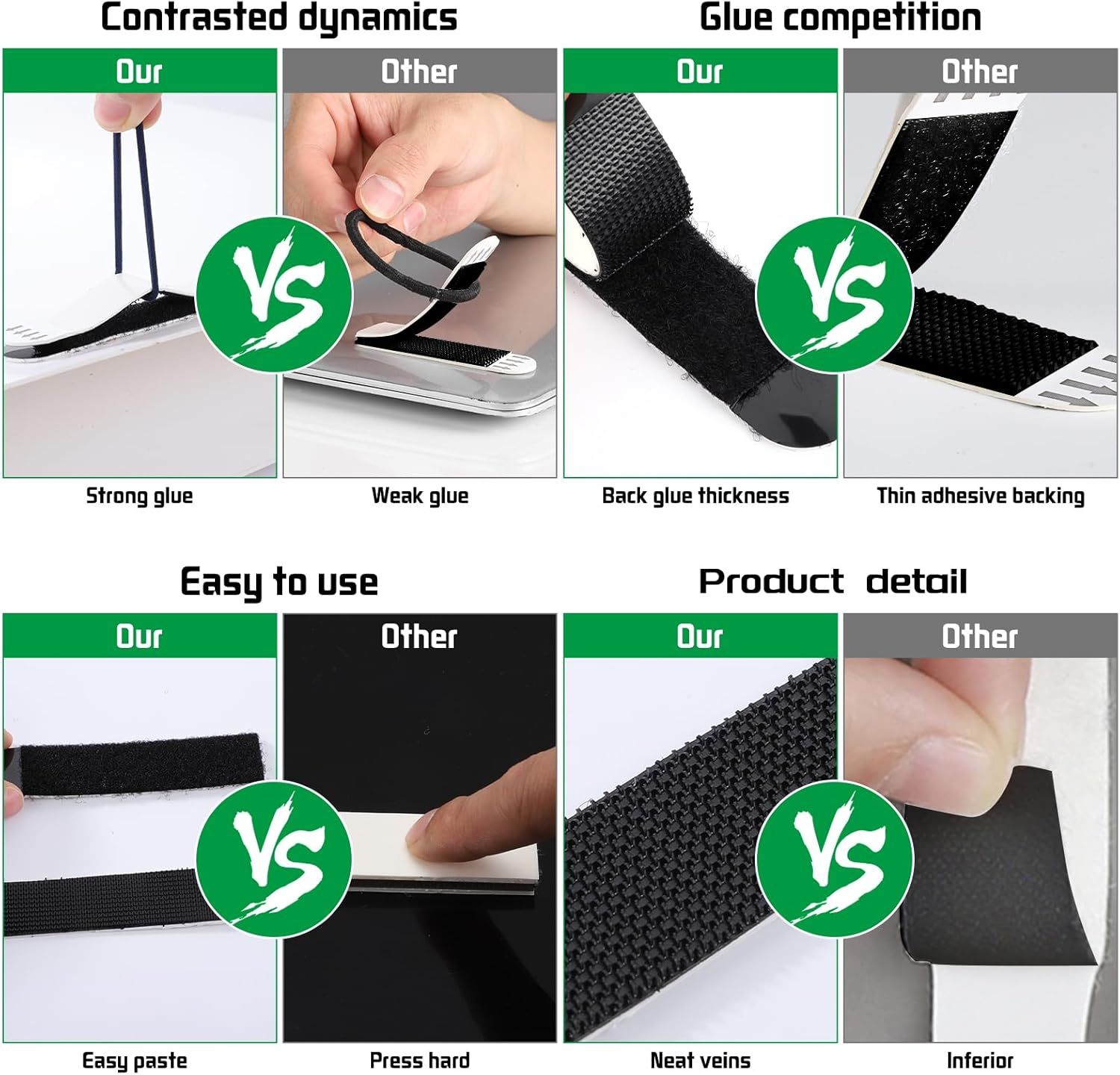 This image demonstrates the superiority of the brand's product over competing products across four key dimensions: adhesive strength, backing thickness, ease of application, and material quality. It…