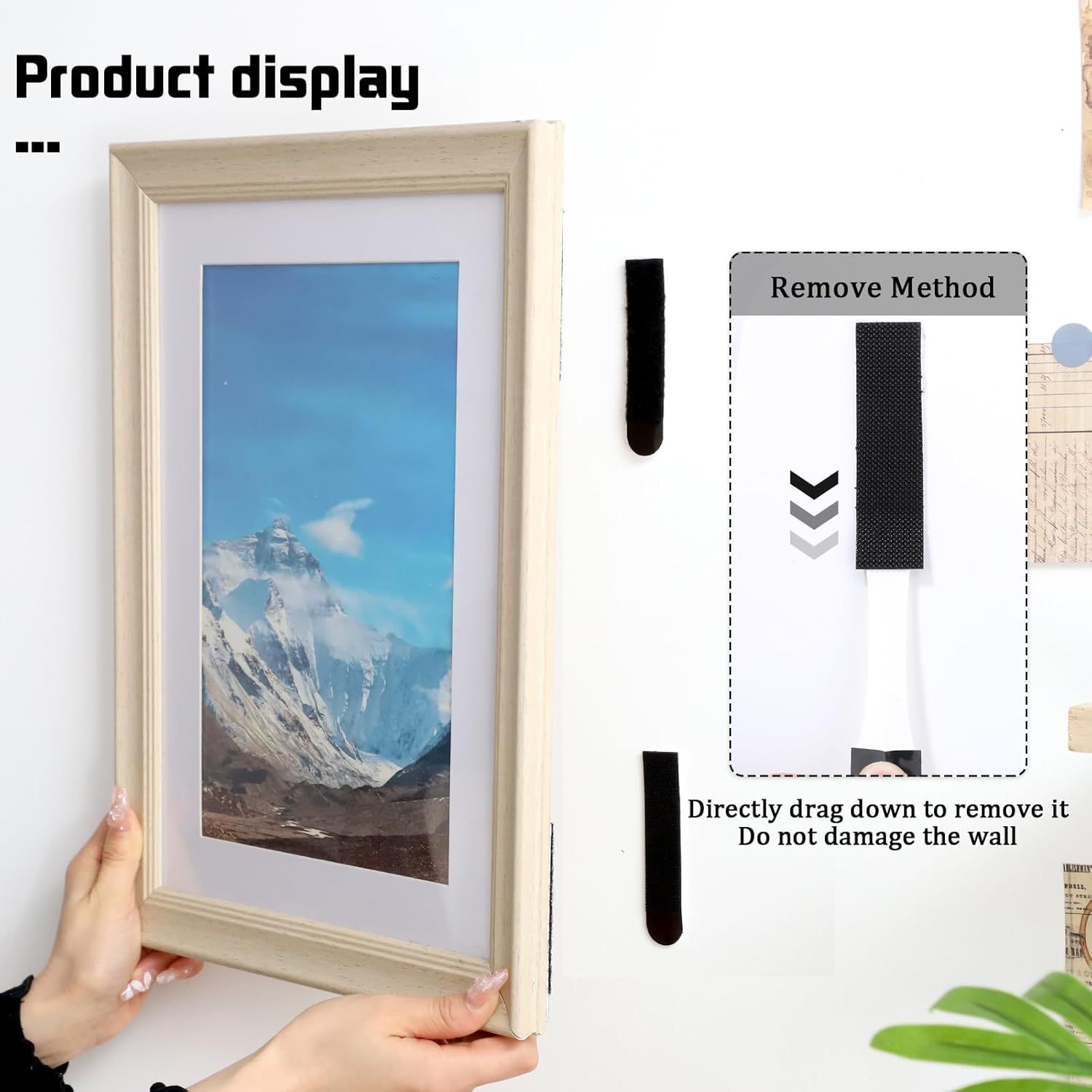 Demonstrates how to safely remove the product from the wall by dragging down, reassuring shoppers that it won't damage walls and is easy to reposition or take…