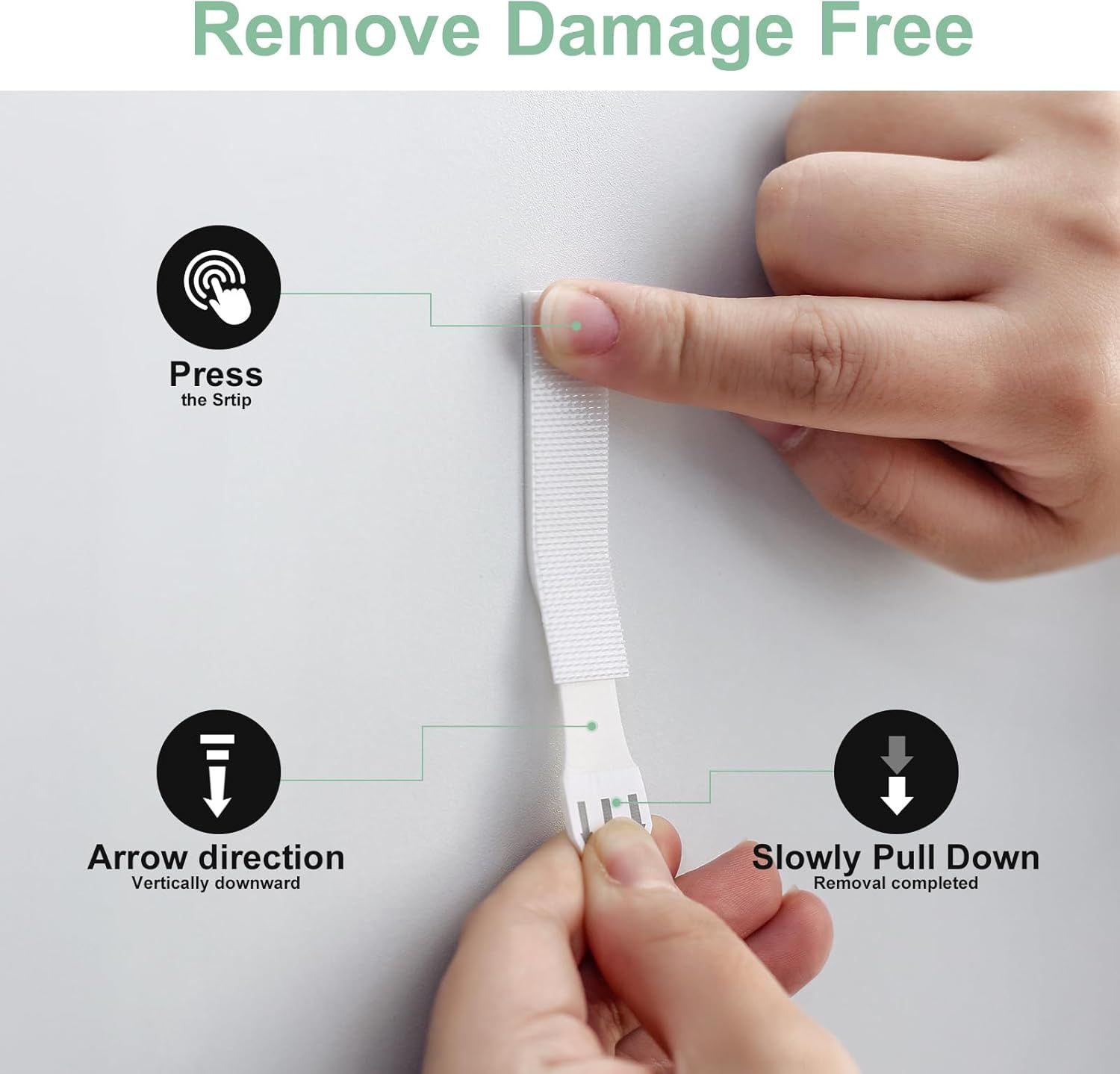 Demonstrates the step-by-step process for applying and removing the adhesive strip without causing damage to surfaces, reassuring shoppers about ease of use and safe removal.