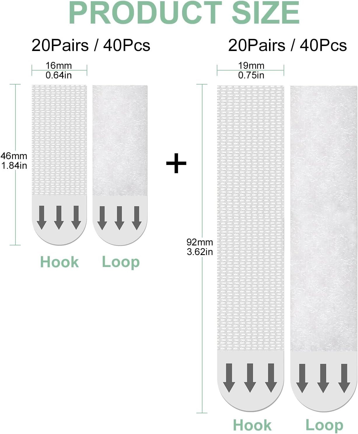 Communicates the exact physical dimensions of two different hook-and-loop fastener sizes included in the product, helping shoppers understand what they will receive and choose the right size for…