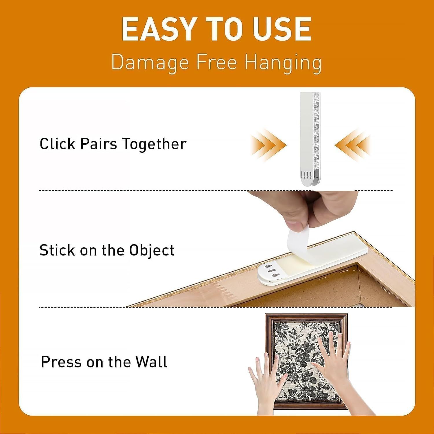 Demonstrates the simple 3-step installation process for damage-free hanging, reassuring shoppers that the product is easy to use and won't harm walls. Highlights the ease of use and damage-free…